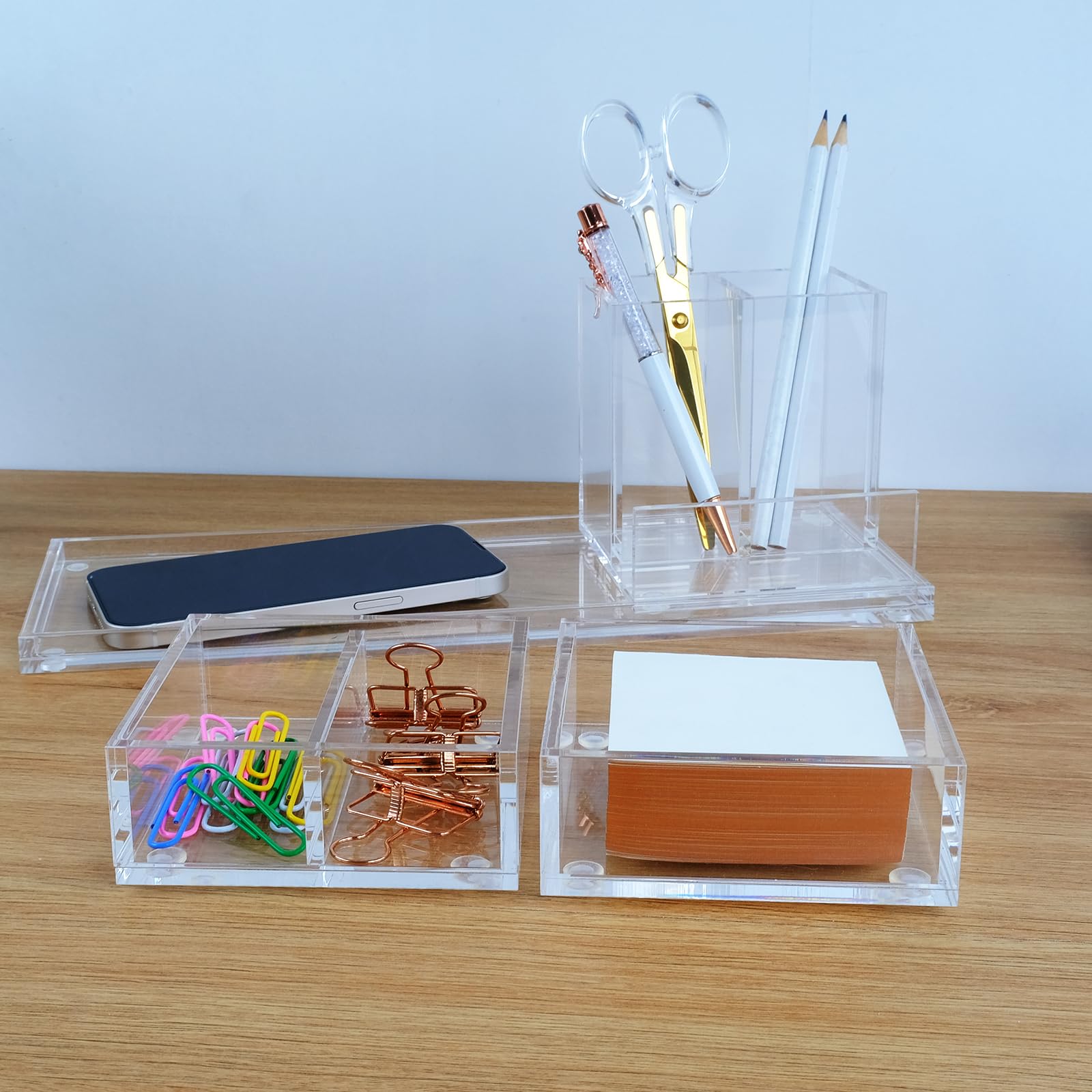 Clear Acrylic Desk Organizer Set - 4-Piece Office & Home Desktop Organizer Kit with Bonus Acrylic Ruler | Perfect for Office Supplies, School Stationery, and Home Office Organization