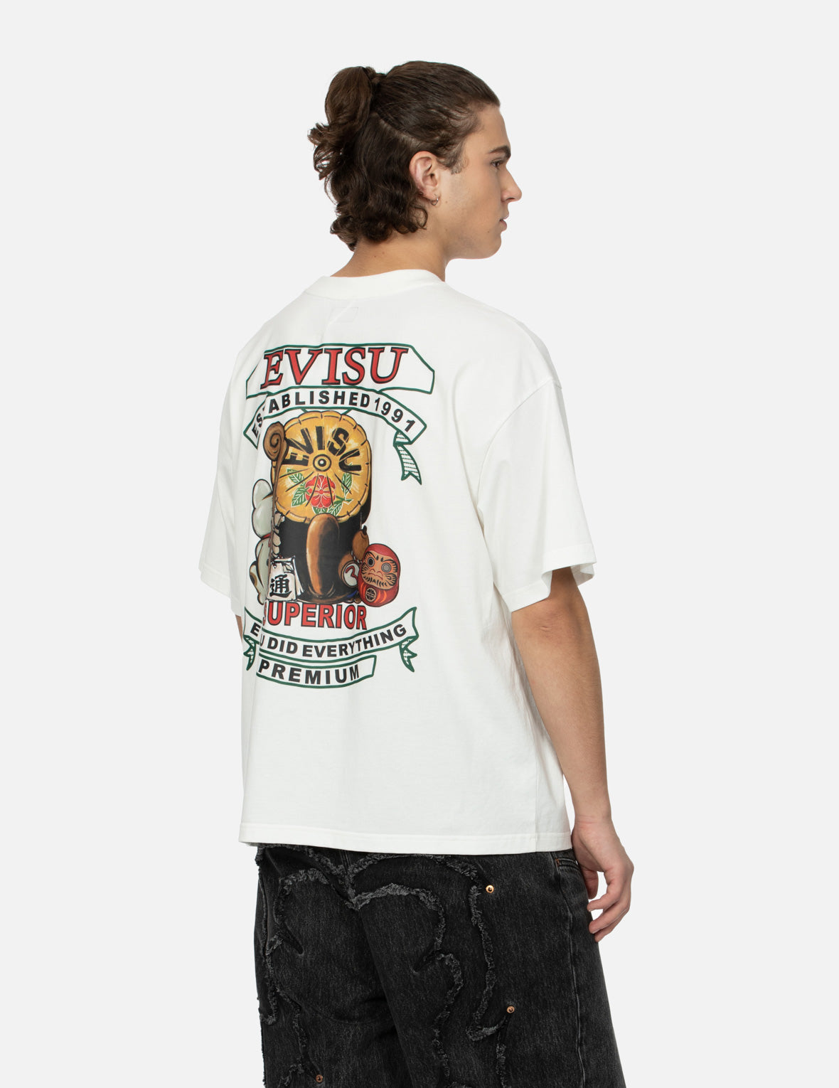 Tanuki & Fortune Cat Print Loose Fit T-Shirt - Japanese Lucky Charm Graphic Tee for Casual Wear & Street Fashion