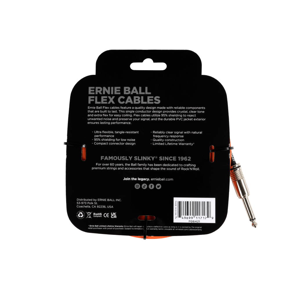 Ernie Ball 20Ft Orange Flex Instrument Cable - Straight to Straight Connector for Guitar, Bass & Keyboards - Durable & High-Quality Audio Cable for Live Performances & Studio Recording