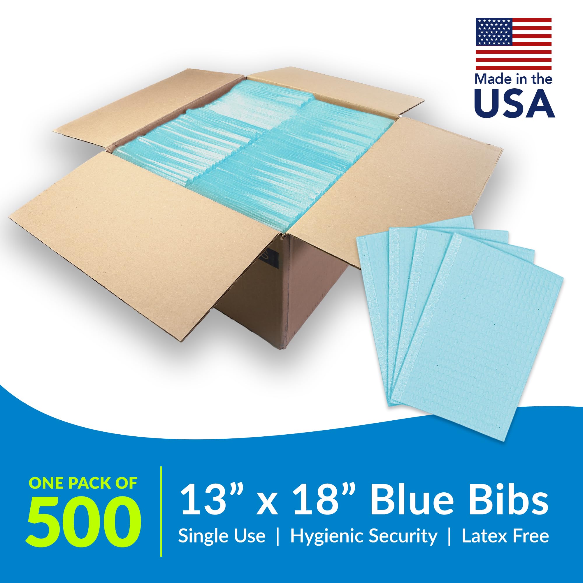 TIDI 1053 Avalon Disposable Dental Bibs, Blue, 3-Layer Embossed, 13”x18”, 2-Ply Tissue with Poly Back for Leak Protection - Pack of 500 - Ideal for Dental Clinics, Nail Salons & Tattoo Parlors