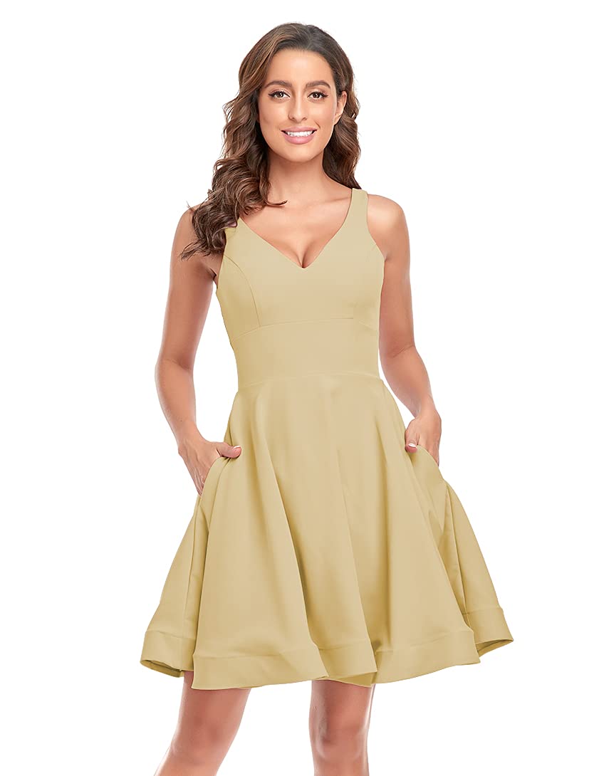 Homdor V-Neck Satin Short Homecoming Dresses for Teens - Stretchy A-Line Prom Dress with Pockets for Cocktail Party, Evening Gala & Special Occasions