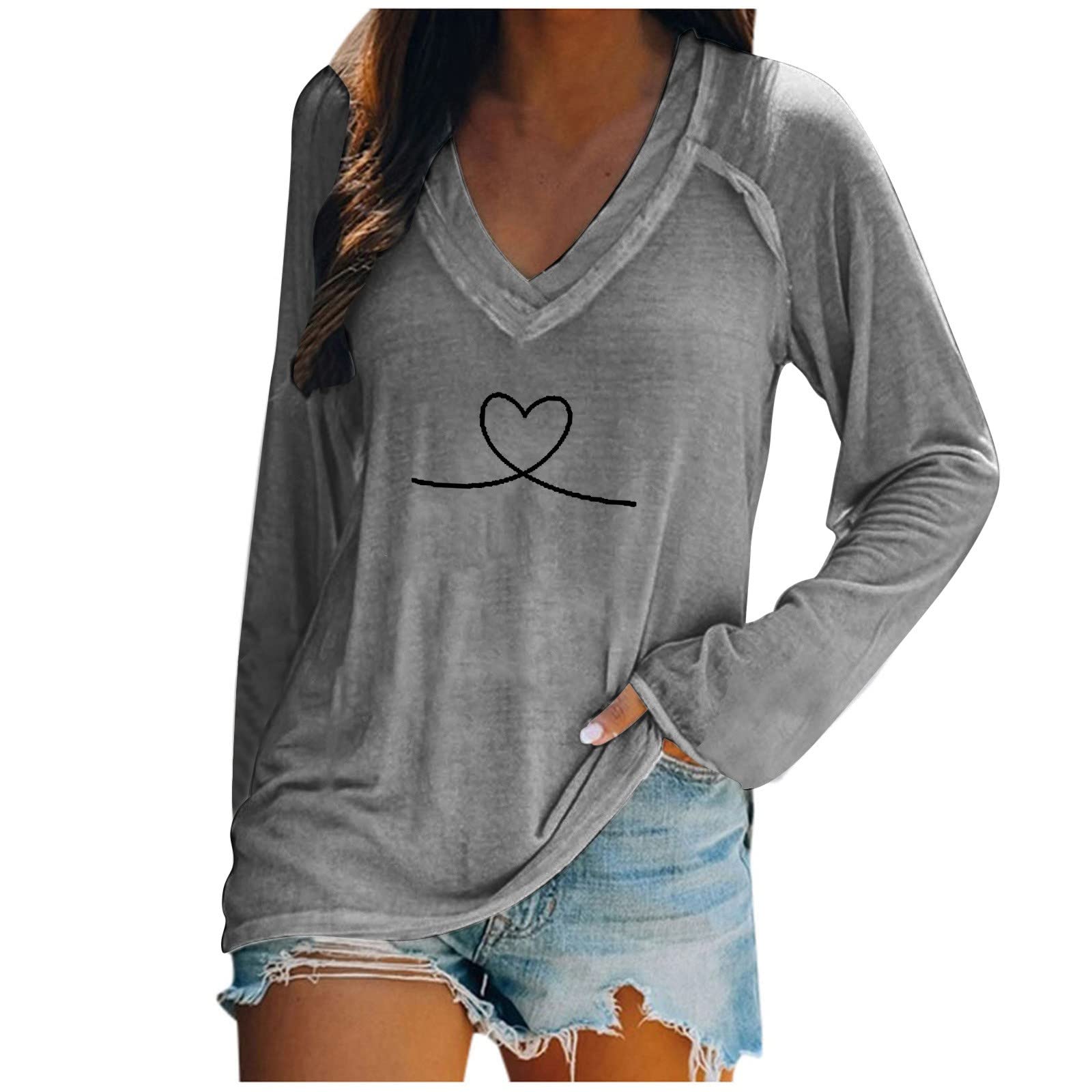 Funny Cute V-Neck Printed Long Sleeve T-Shirt for Women & Teens - Loose Fit Casual Blouse for Everyday Wear, School, or Weekend Outings