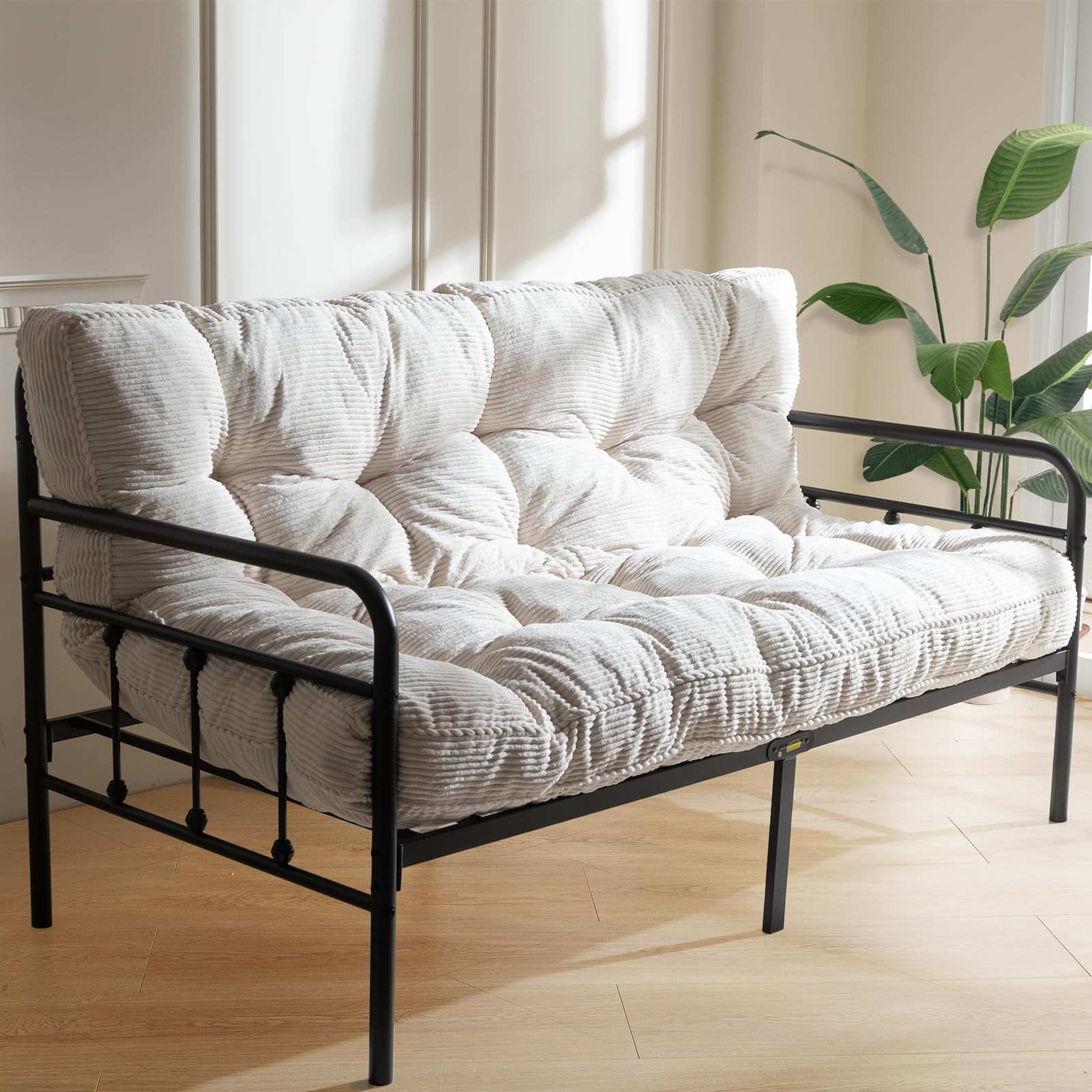 MAXYOYO 6 Inch Full Size Futon Mattress - Tufted Sofa Bed with Twisted Rope Design, Thick Corded Fabric Floor Mattress for Adults & Guest Room - Shredded Foam Filling (Frame Not Included), Beige - Perfect for Small Spaces, Dorm Rooms, and Living Room Lounging