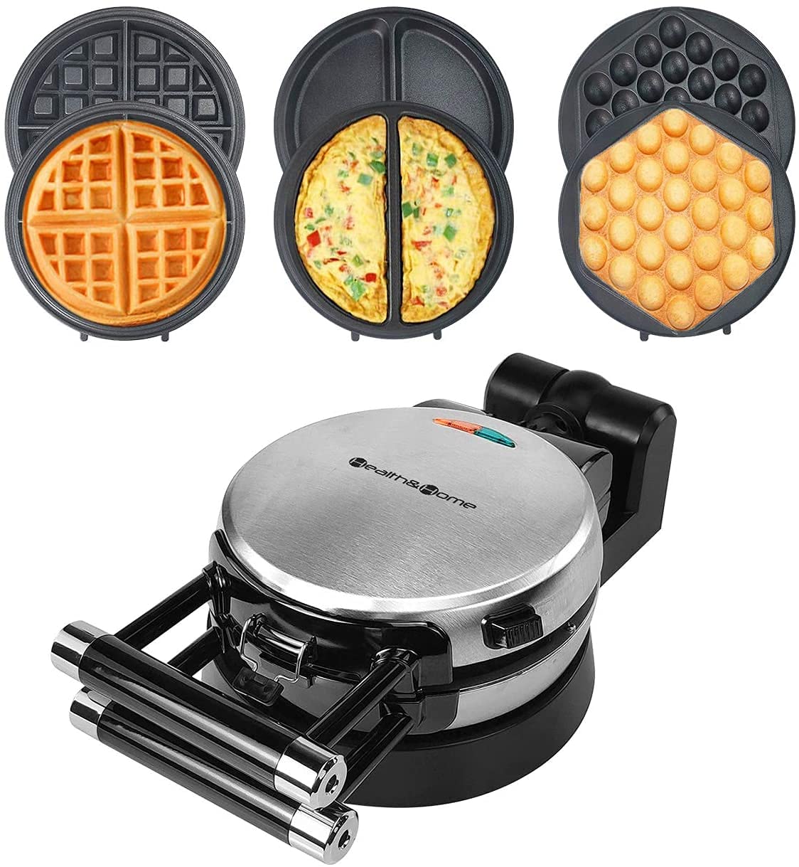 3-in-1 Waffle Maker with Removable Nonstick Plates - Belgian, Omelet & Egg Waffle Maker, 360° Rotating Design for Perfect Breakfast, Brunch & Desserts - Ideal for Home, Office & Camping Use