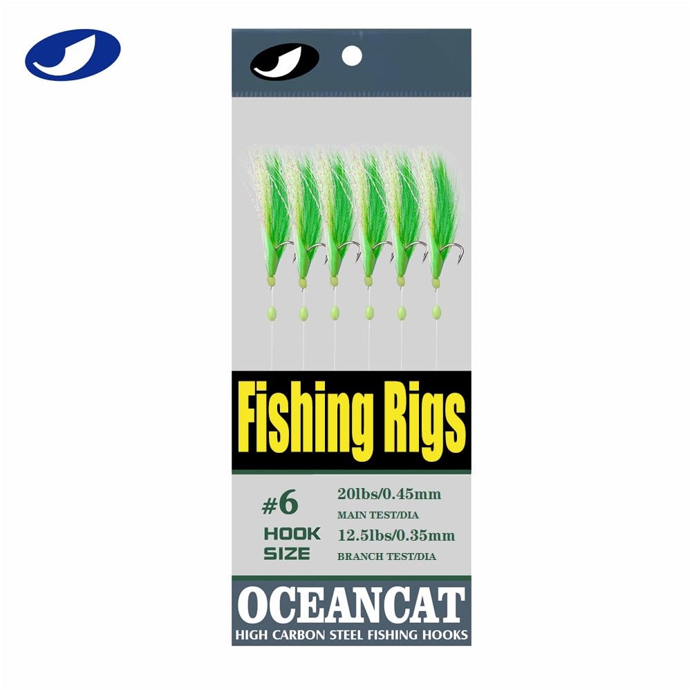 OCEAN CAT 10 Pack Green Feather Fishing Rigs with 6 High Carbon Hooks & Glow Beads - Freshwater & Saltwater Fishing Lures for Bass, Trout, and Catfish - Perfect for Night Fishing and Deep Sea Angling