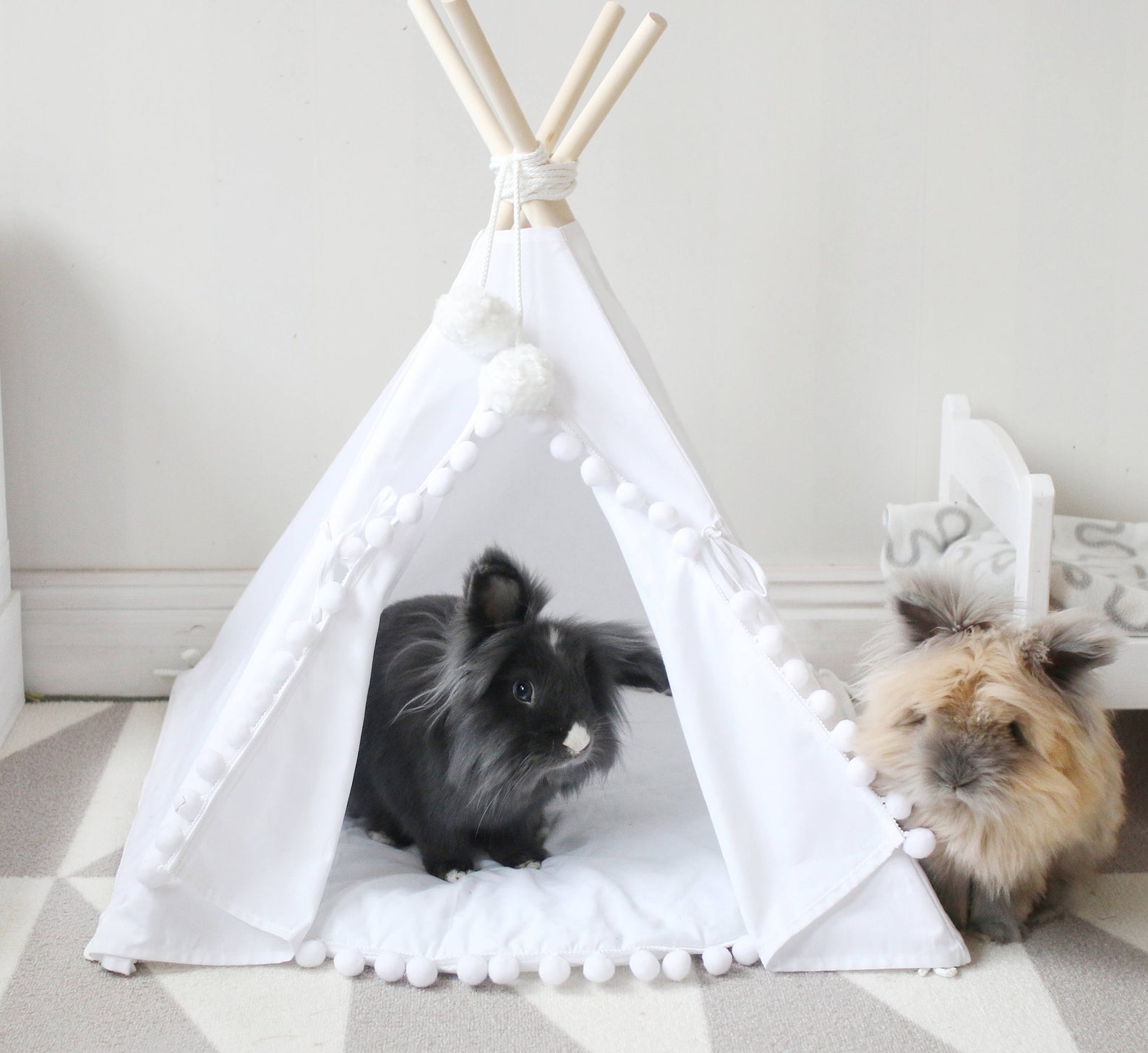 White Pom Pom Teepee with Soft Mat - Cozy Kids Play Tent for Nursery, Bedroom, or Playroom Decor