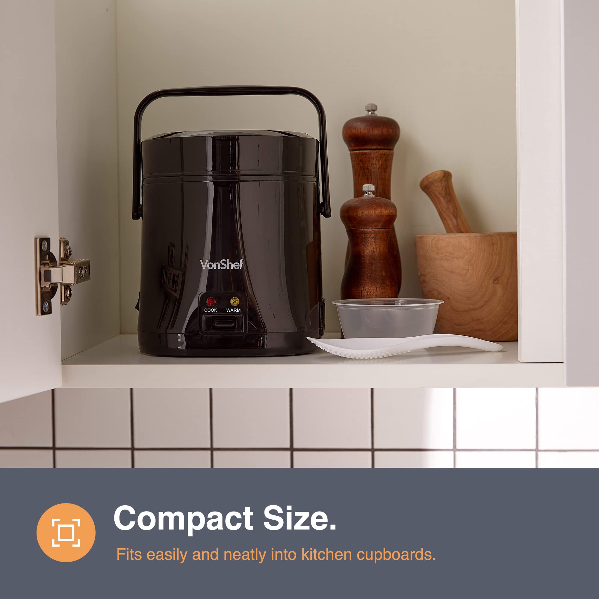 VonShef 0.3L Small Rice Cooker - 2-Person Electric Rice Steamer with Keep Warm Function, 200W Non-Stick Removable Pot - Includes Measuring Cup & Spatula - Perfect for Dorms, Offices & Small Kitchens