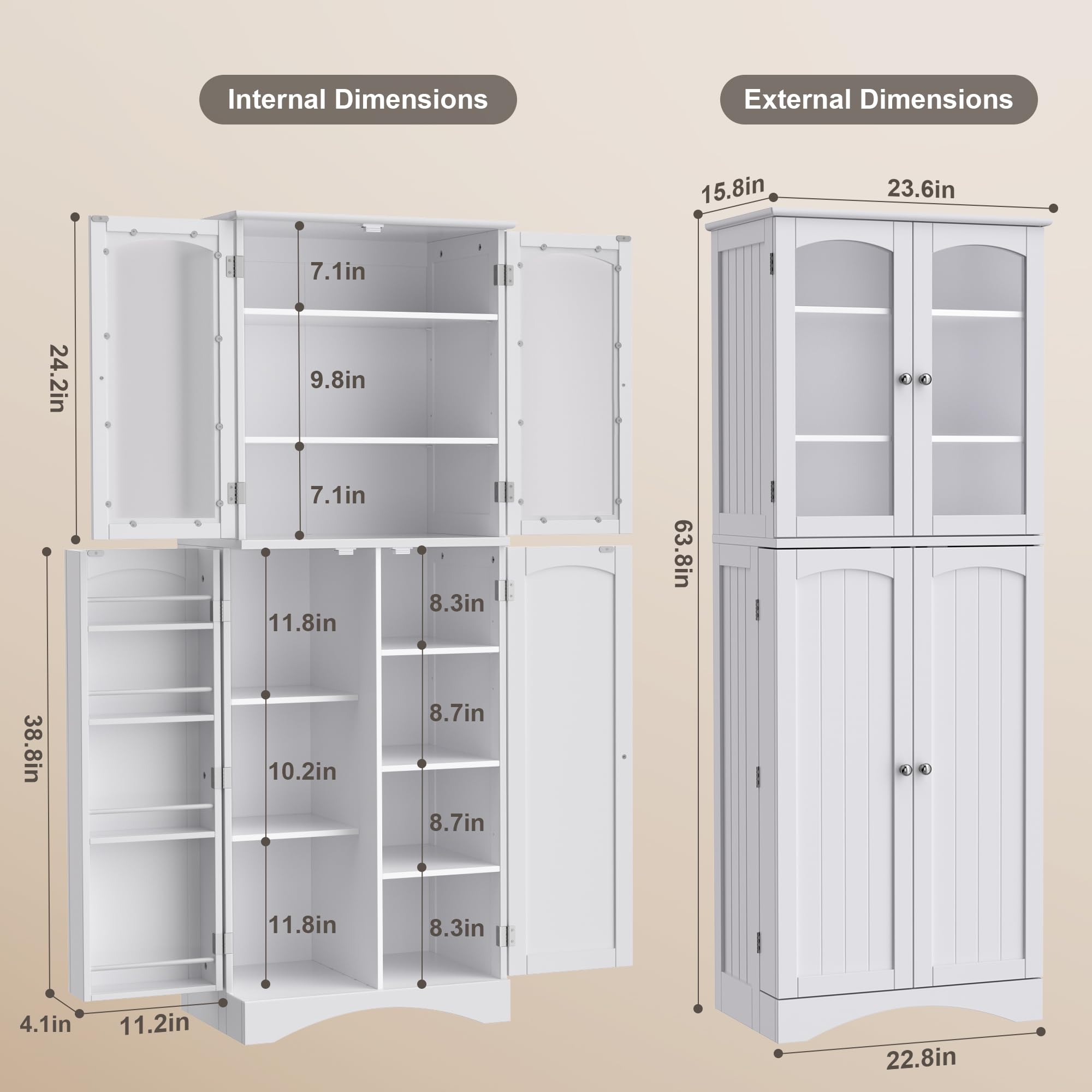 Gizoon 64 Inch White Kitchen Pantry Cabinet with Glass Doors & Adjustable Shelves - Freestanding Tall Storage Cabinet for Kitchen, Living Room, Dining Room - Perfect for Organizing Dishes, Linens, and Home Decor