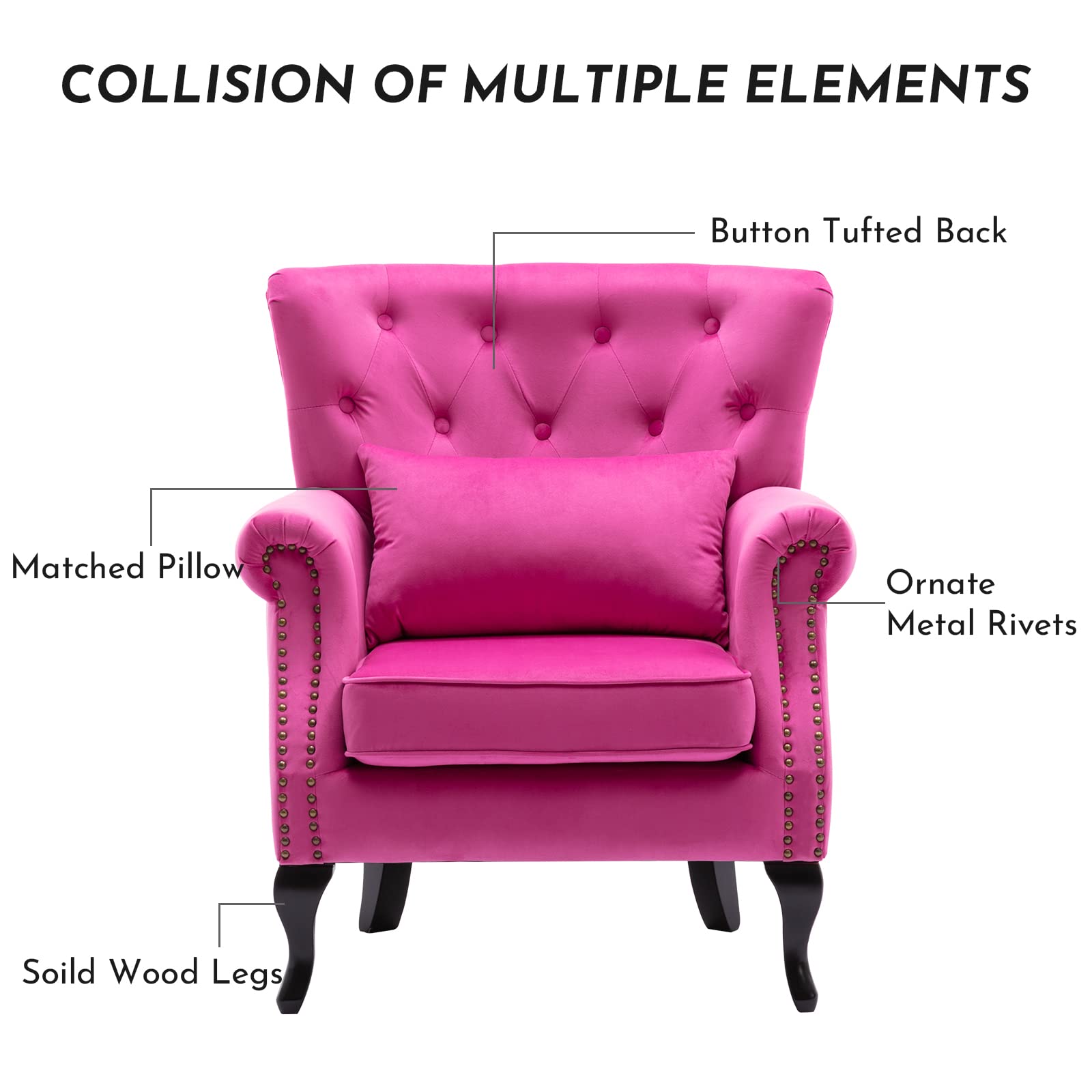 Mid-Century Modern Accent Reading Arm Chair - Velvet Rose Tufted Wingback Club Chair with Lumbar Pillow for Living Room & Bedroom | Perfect for Cozy Reading Nooks, Lounge Areas, and Stylish Home Decor