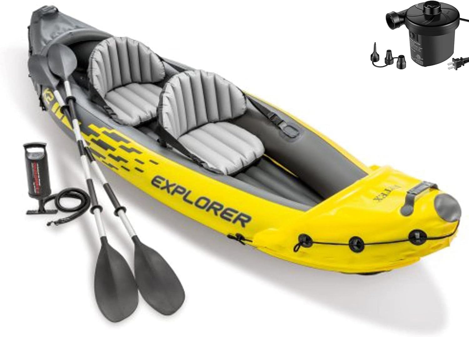 Intex Explorer K2 Inflatable Kayak - 2 Person Tandem Kayak with Aluminum Oars, Manual & Electric Air Pump - Durable PVC Material for Lakes & Rivers - Perfect for Fishing, Camping & Water Adventures (Yellow)