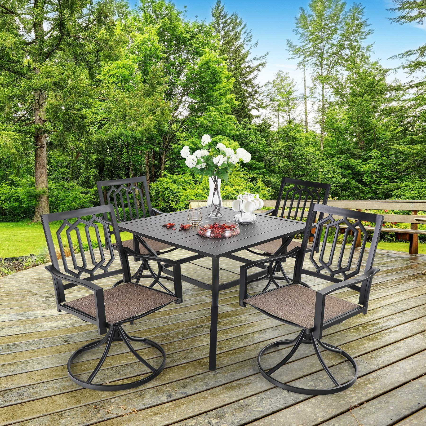 MFSTUDIO 5-Piece Outdoor Patio Dining Set - Square Black Metal Table with 4 Textilene Fabric Chairs - Weather-Resistant Garden Furniture with Umbrella Hole - Perfect for Backyard, Poolside, Porch & Outdoor Entertaining