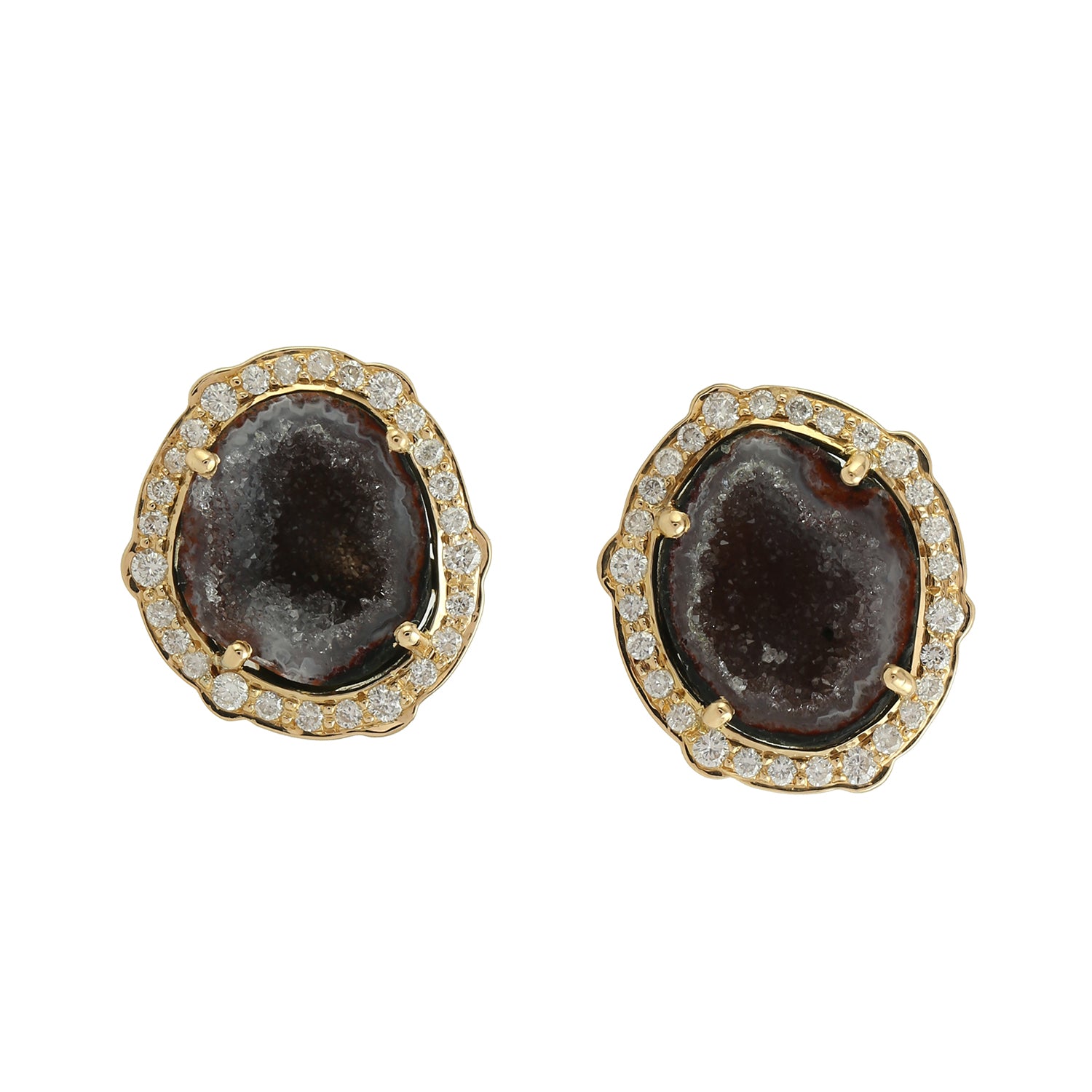 18K Yellow Gold Pave Diamond Uneven Geode Gemstone Stud Earrings for Women | Elegant Handmade Jewelry Gift for Anniversary, Birthday & Special Occasions