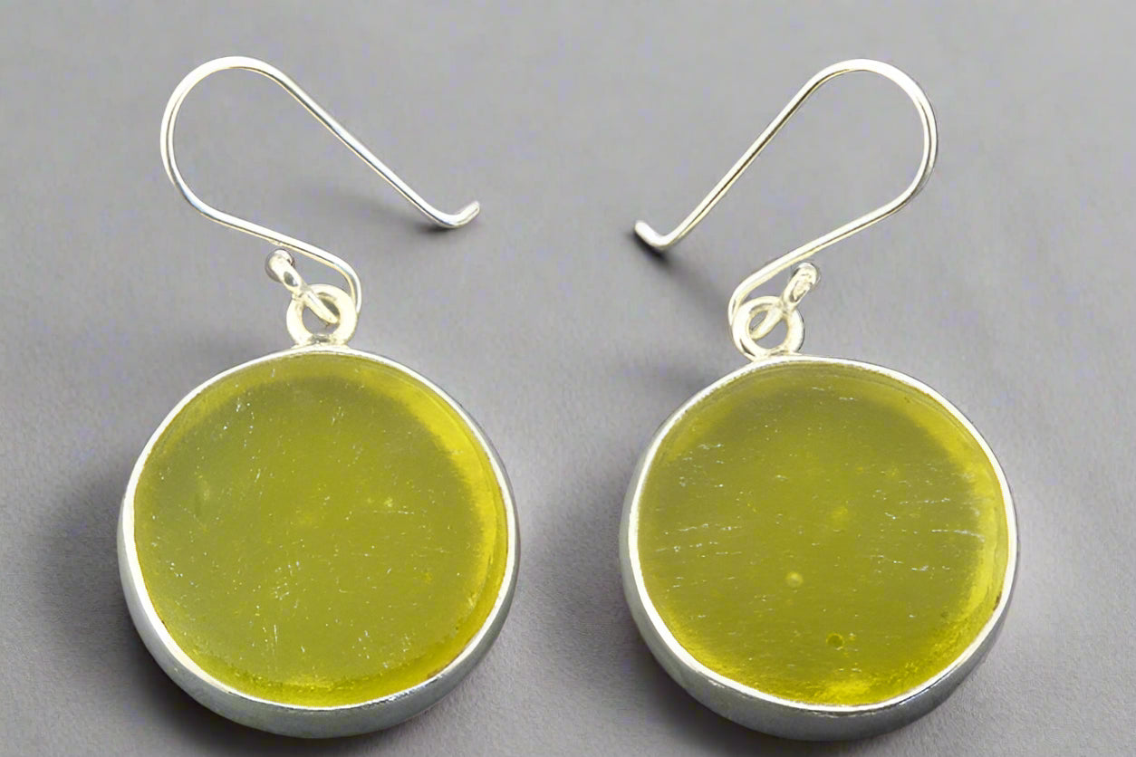 Handmade Large Circle Sea Glass Earrings in Lime Green - Perfect for Beach Weddings, Boho Fashion & Summer Accessories
