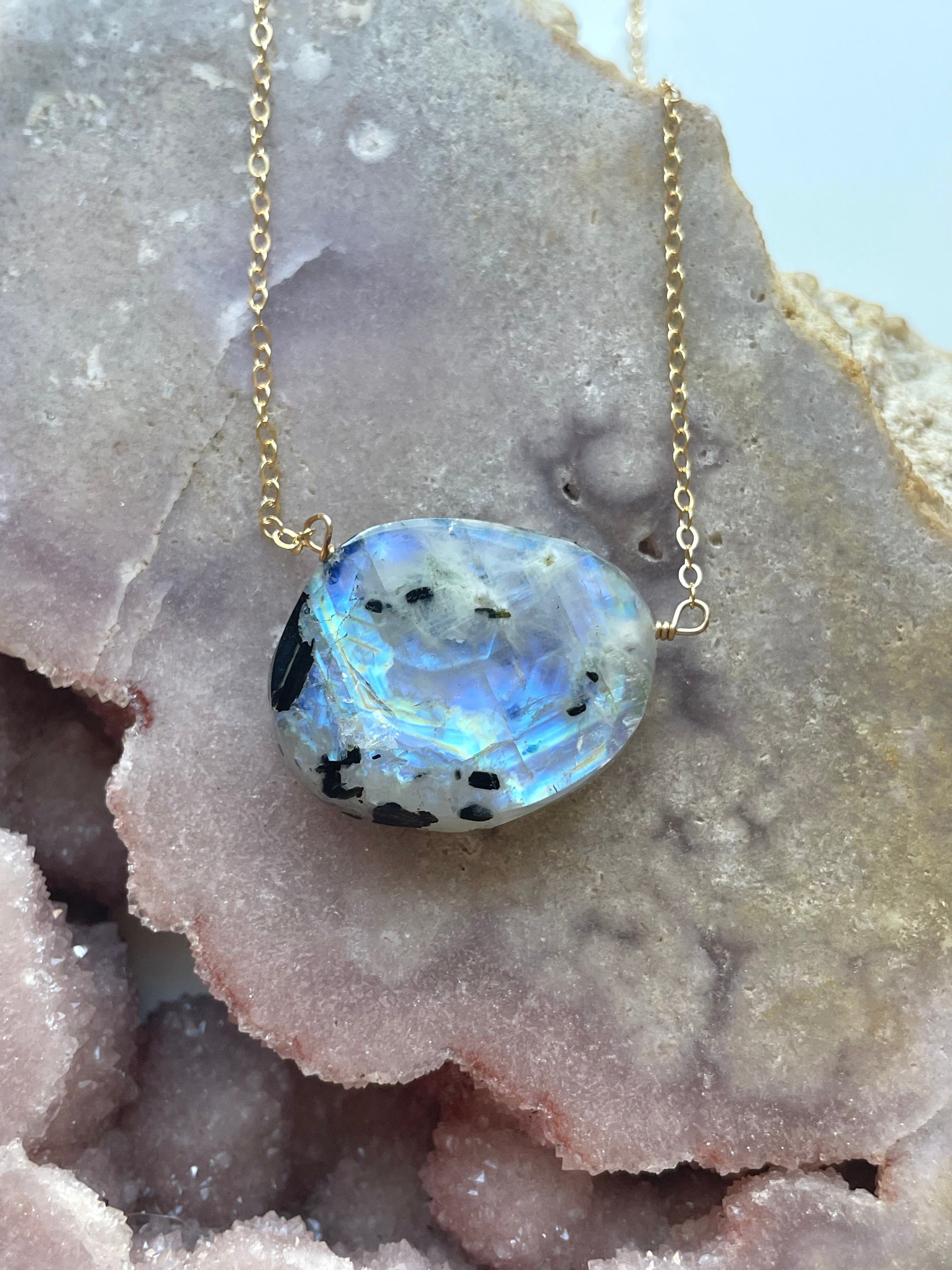 14K Gold Filled Rainbow Moonstone Statement Necklace for Women - Elegant Boho Jewelry for Parties, Weddings & Everyday Wear