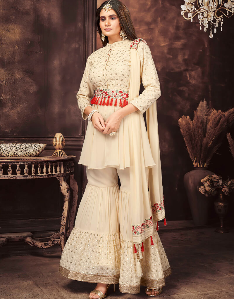 Elegant Beige Georgette Sharara Suit for Women - Indian Pakistani Wedding Outfit, Party Wear & Festive Occasion Dresses