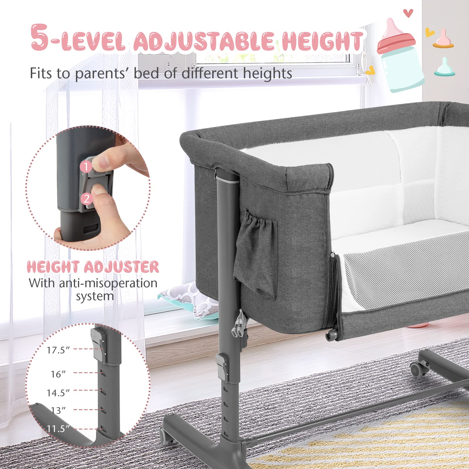 **BABY JOY 3-in-1 Adjustable Height Folding Bassinet & Bedside Sleeper with Mattress, Lockable Wheels, Storage Pocket & Carry Bag – Portable Crib for Newborns & Infants (Grey) – Ideal for Nursery, Travel & Co-Sleeping**