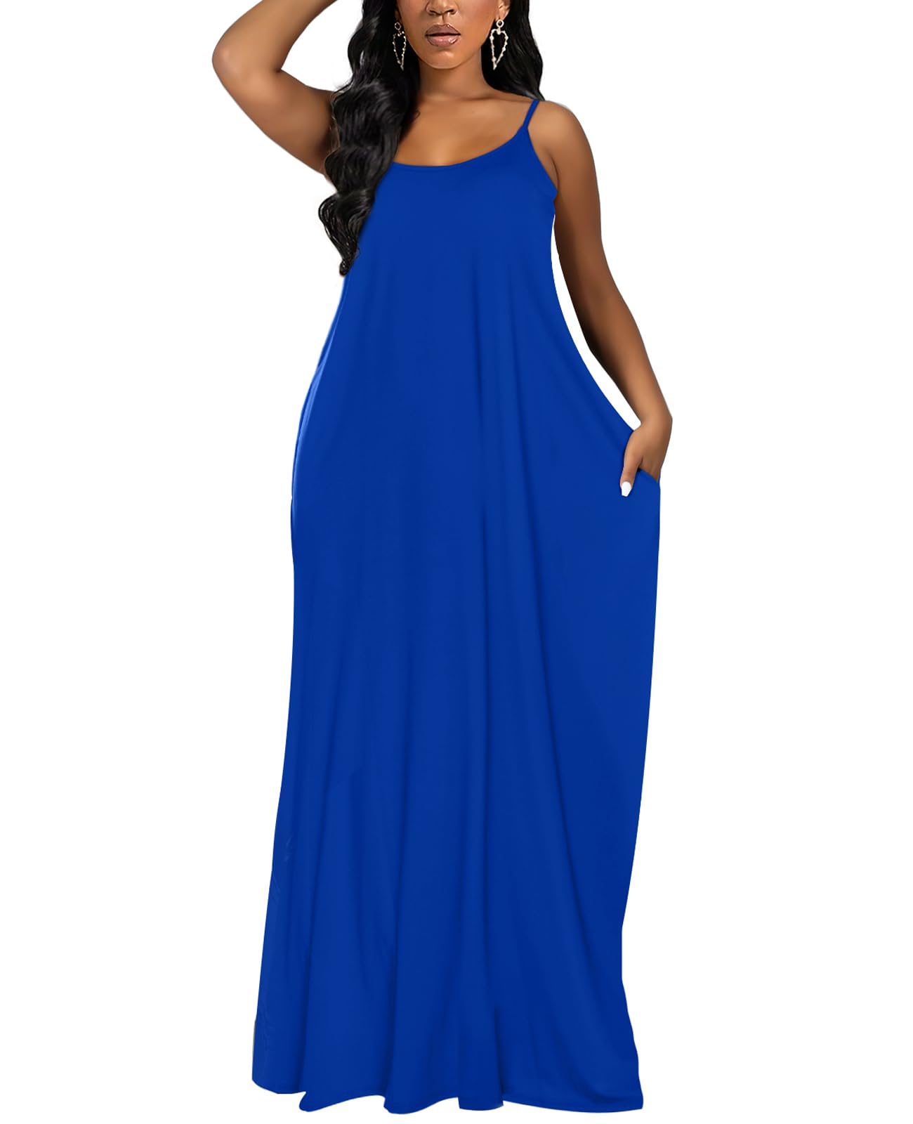 OFEEFAN Women's Summer Maxi Dress - Spaghetti Strap Flowy Long Dress with Pockets | Casual Beach Dress, Vacation Outfit, Boho Chic Style for Outdoor Parties & Date Nights