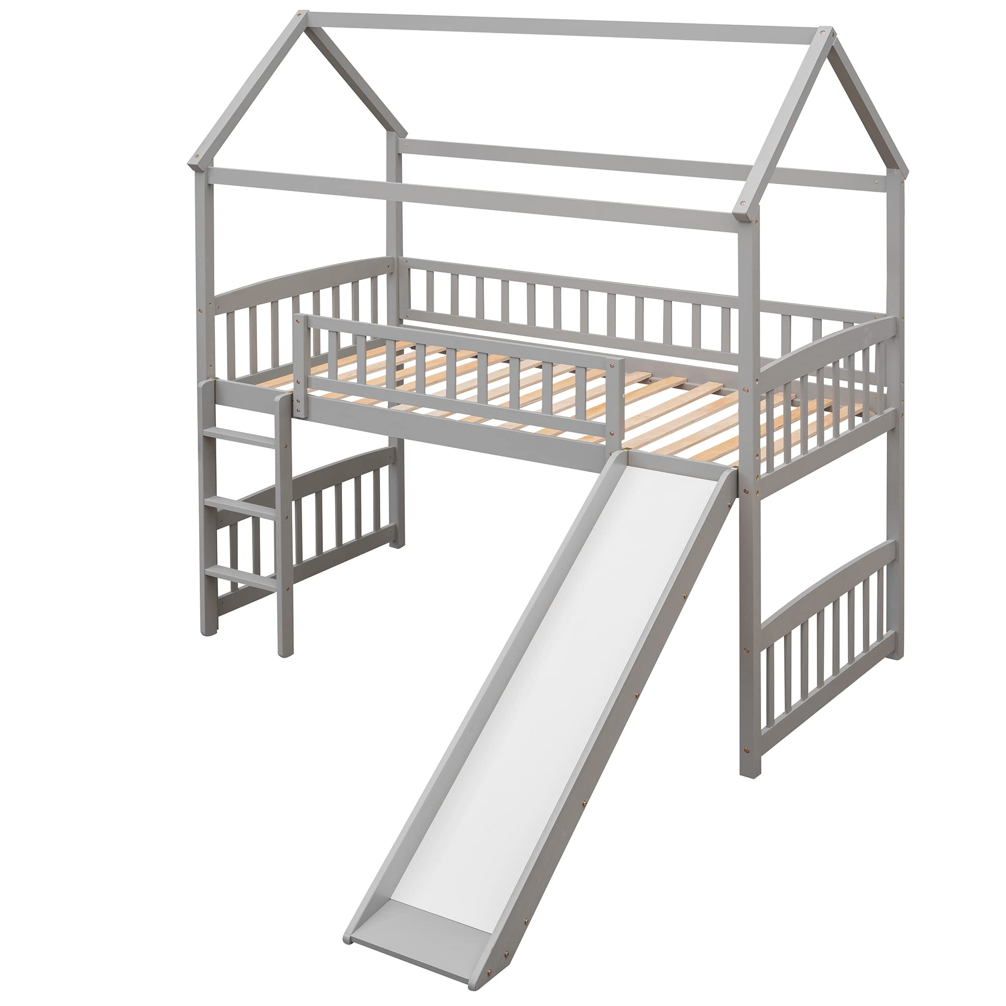 Bellemave Twin Loft Bed with Slide - Wooden House Style Bunk Bed with Roof for Kids & Toddlers - Space Saving Grey Loft Bed for Small Rooms - Perfect for Boys & Girls Bedroom, Playroom or Dorm
