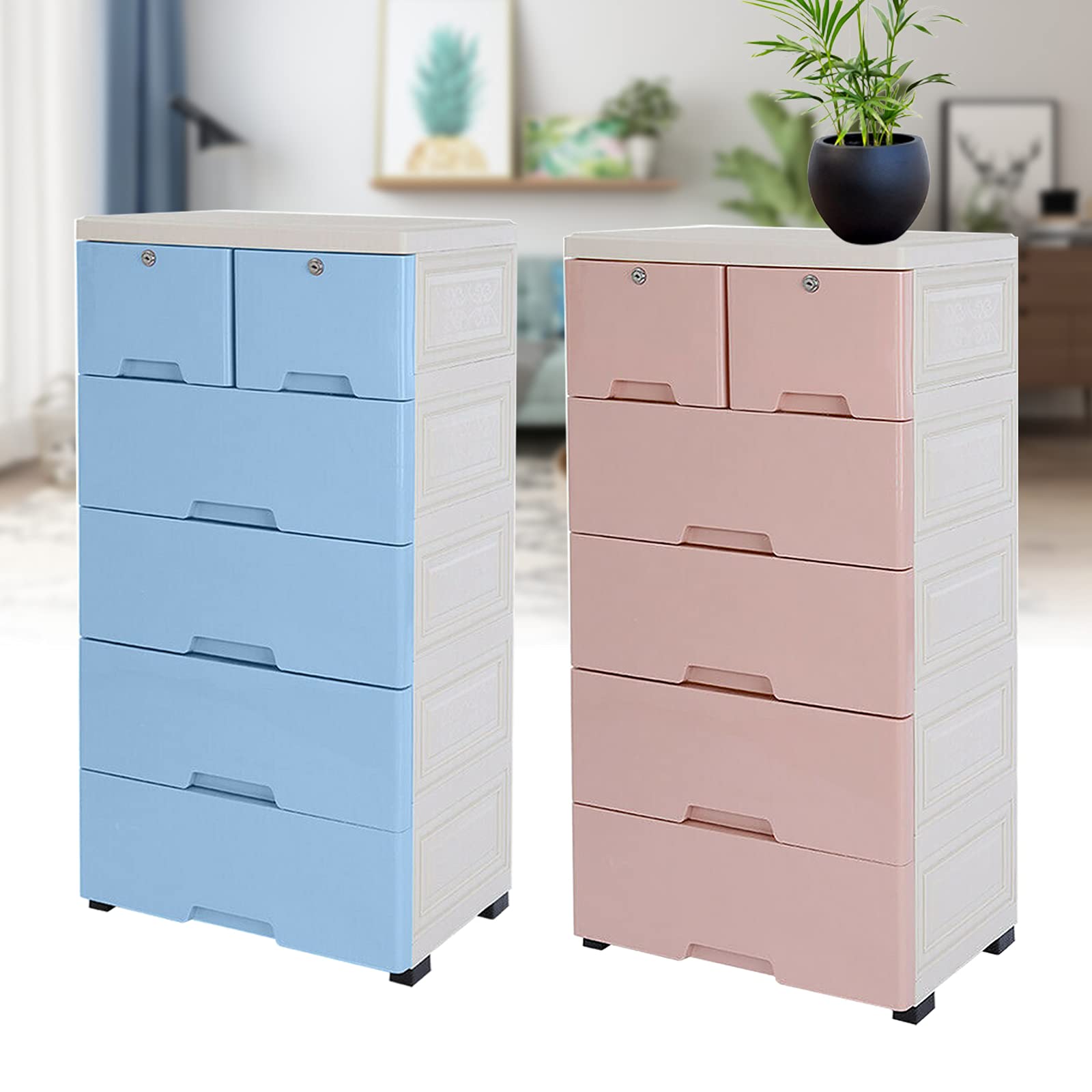6-Drawer Plastic Storage Tower with Wheels - DYRABREST Vertical Dresser Organizer for Clothes & Accessories, Easy Assembly 5-Tier Cabinet for Bedroom, Closet, Dorm or Office (Blue)