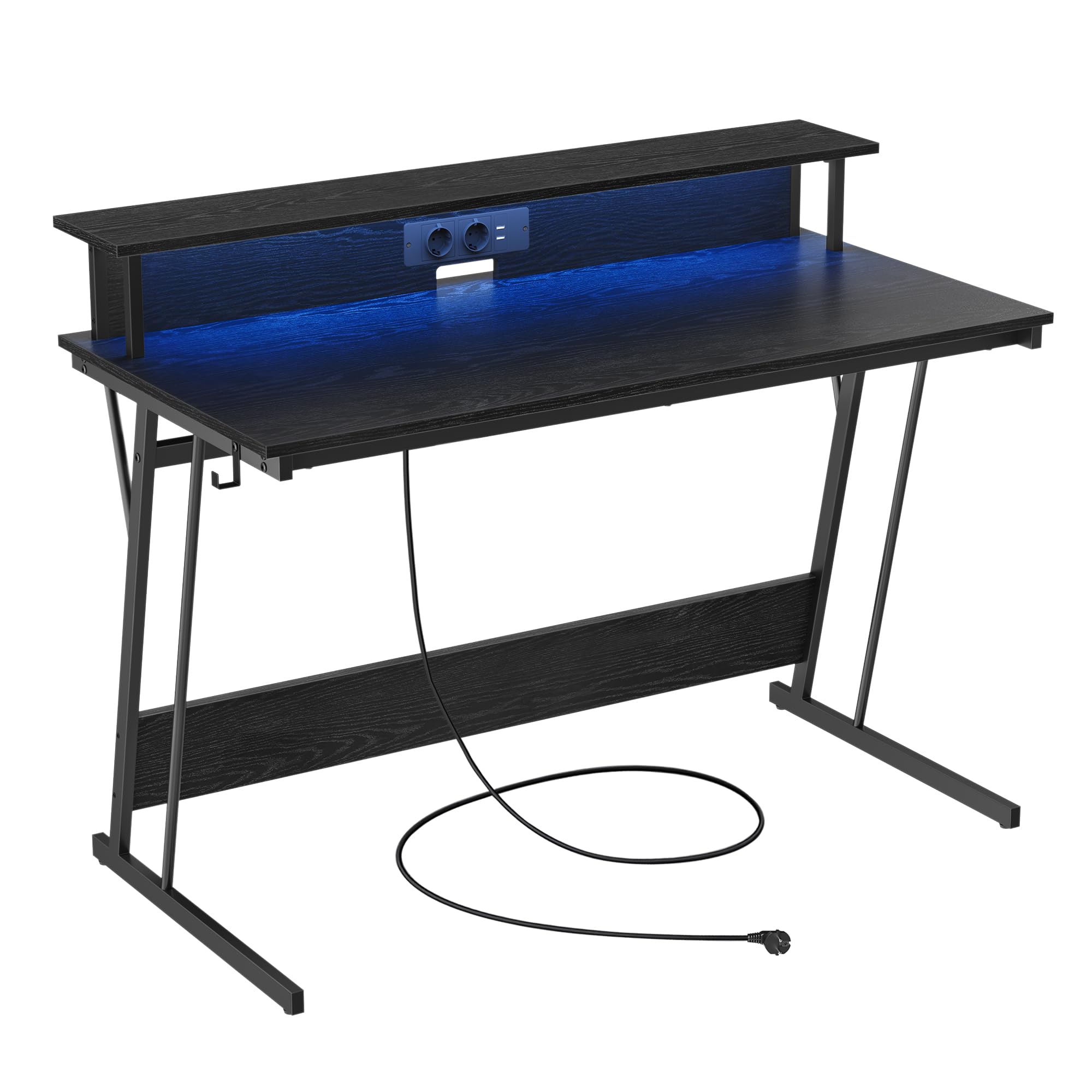 VASAGLE Gaming Desk with LED Lights and Power Outlets, Computer Desk with Monitor Stand, Dual Monitor Workstation for Office and Bedroom, 60 x 120 x 76 cm, Ebony Black LWD192B56 - Perfect for Gaming Setup and Home Office Workspace