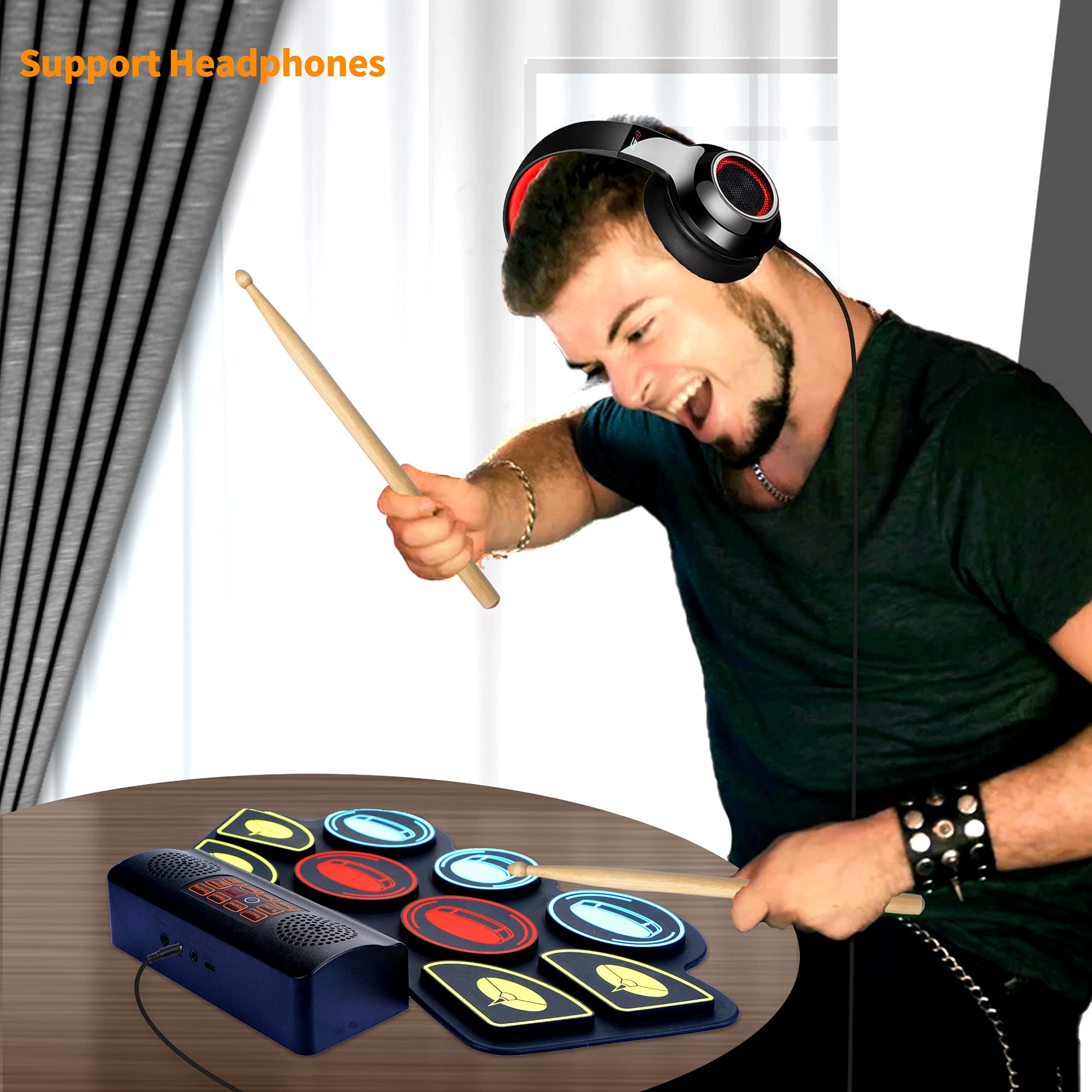 (9 Pads) Electronic Drum Set with LED Drumsticks & Stand - 5 Drum Kits, 10 Rhythms, Built-in Speakers | Portable Roll Up Design | Perfect for Kids, Beginners & Home Practice | Great for Birthday Gifts, Music Lessons & Family Entertainment