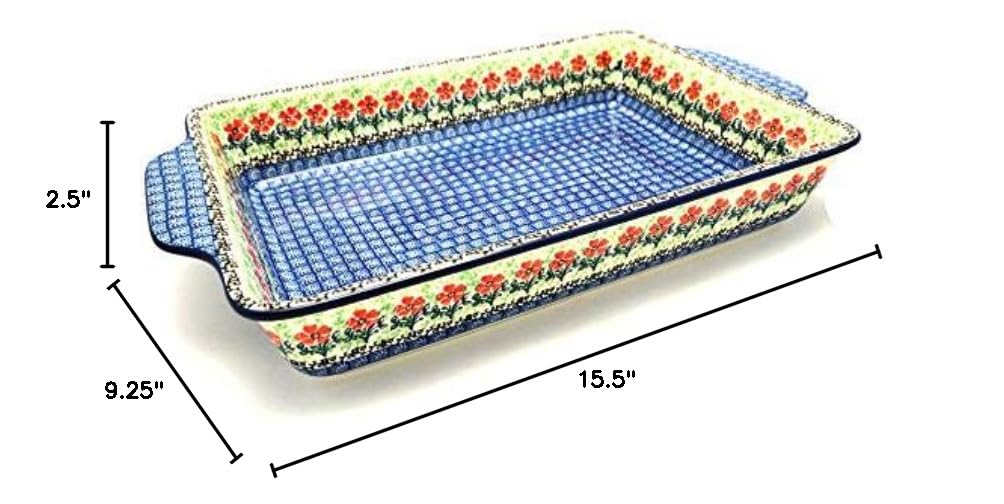Polish Pottery Rectangular Baker with Tab Handles - 12 Cup Capacity - Maraschino Design - Perfect for Baking Casseroles, Breads & Desserts