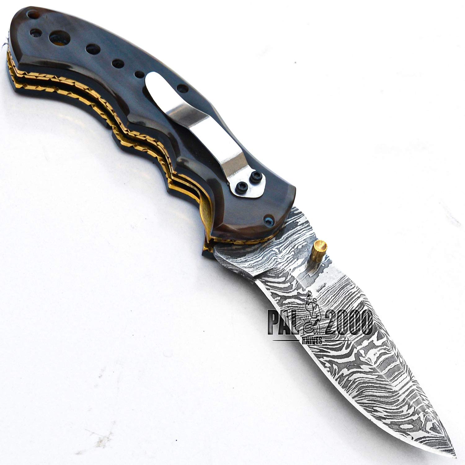 Handmade Damascus Steel 8 Inch Folding Pocket Knife - Horn Handle with Sheath | Hunting, Camping & Outdoor Survival Tool | PAL 2000 KNIVES POC-9844