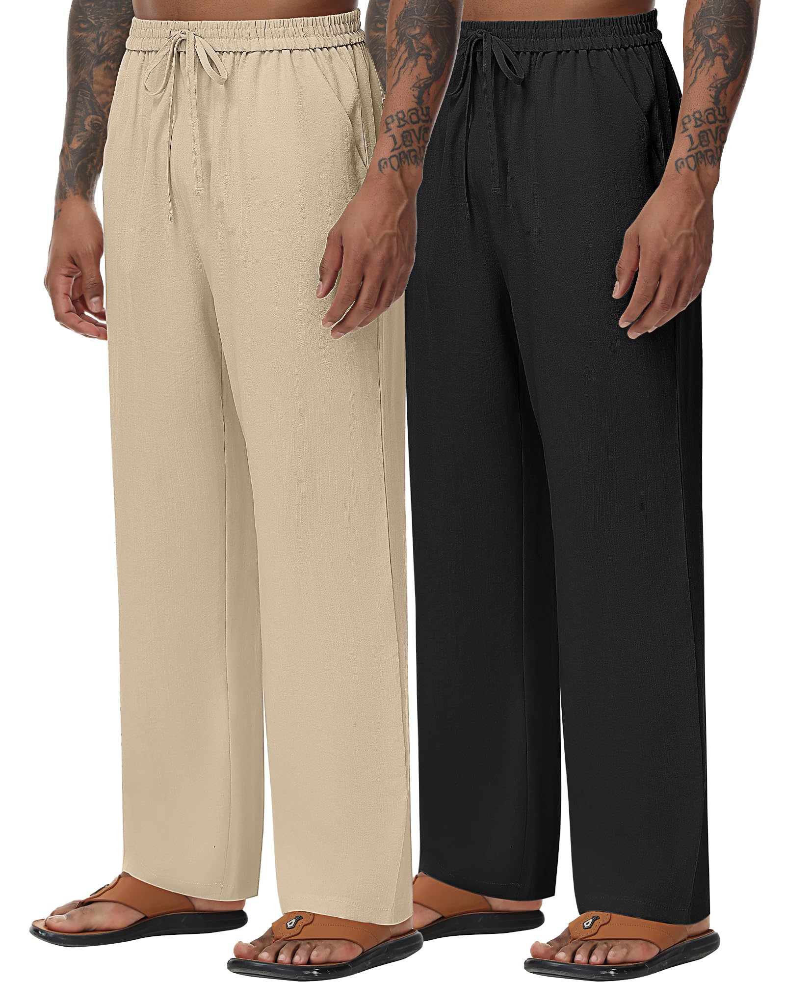 2 Pack Men's Linen Pants - Breathable Casual Pants with Pockets, Lightweight Elastic Waist Lounge Pants for Yoga, Travel & Home Wear | Summer Comfort Wear for Men