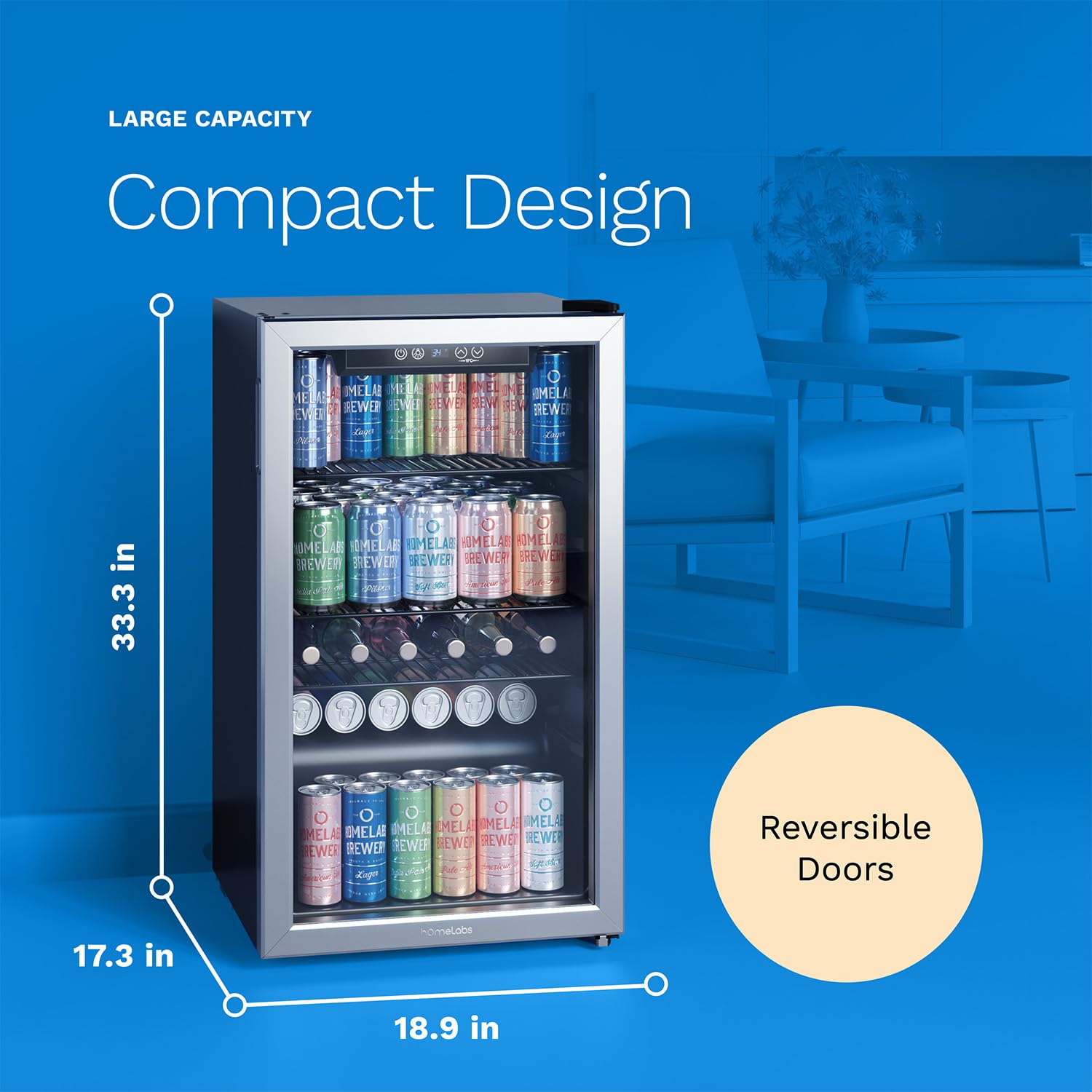 hOmeLabs 120 Can Mini Beverage Refrigerator with Glass Door - Compact Drink Cooler for Soda, Beer & Wine - Adjustable Shelves for Office, Bar, Home or Dorm - Energy Efficient Small Fridge for Parties, Entertaining & Daily Use