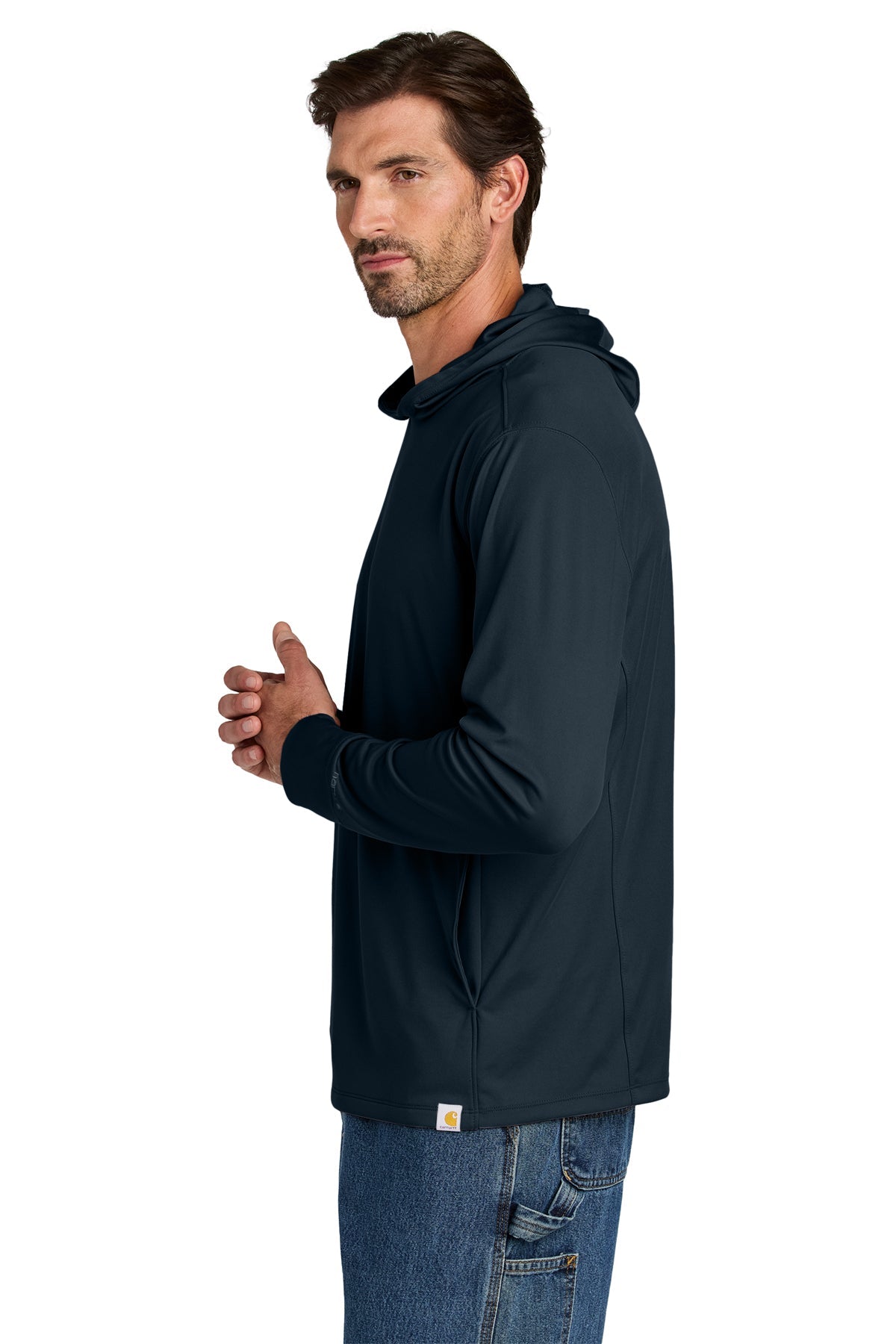 Carhartt Force Sun Defender Long Sleeve Hooded T-Shirt for Men - UPF 50+ UV Protection, Moisture Wicking Work Shirt, Navy Blue - Perfect for Outdoor Work, Hiking & Summer Activities