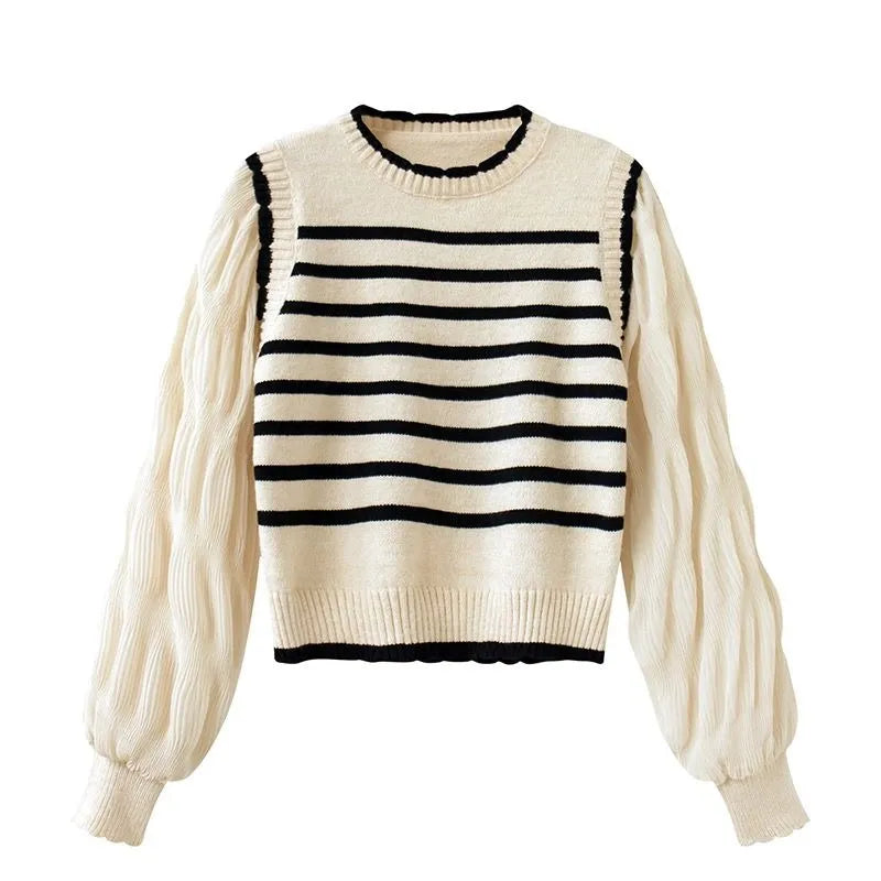 Women's Black & White Striped Knitted Two-Piece Sweater Set - Soft Korean-Style Pullover for Spring & Fall | Perfect for Casual Outings & Layered Outfits