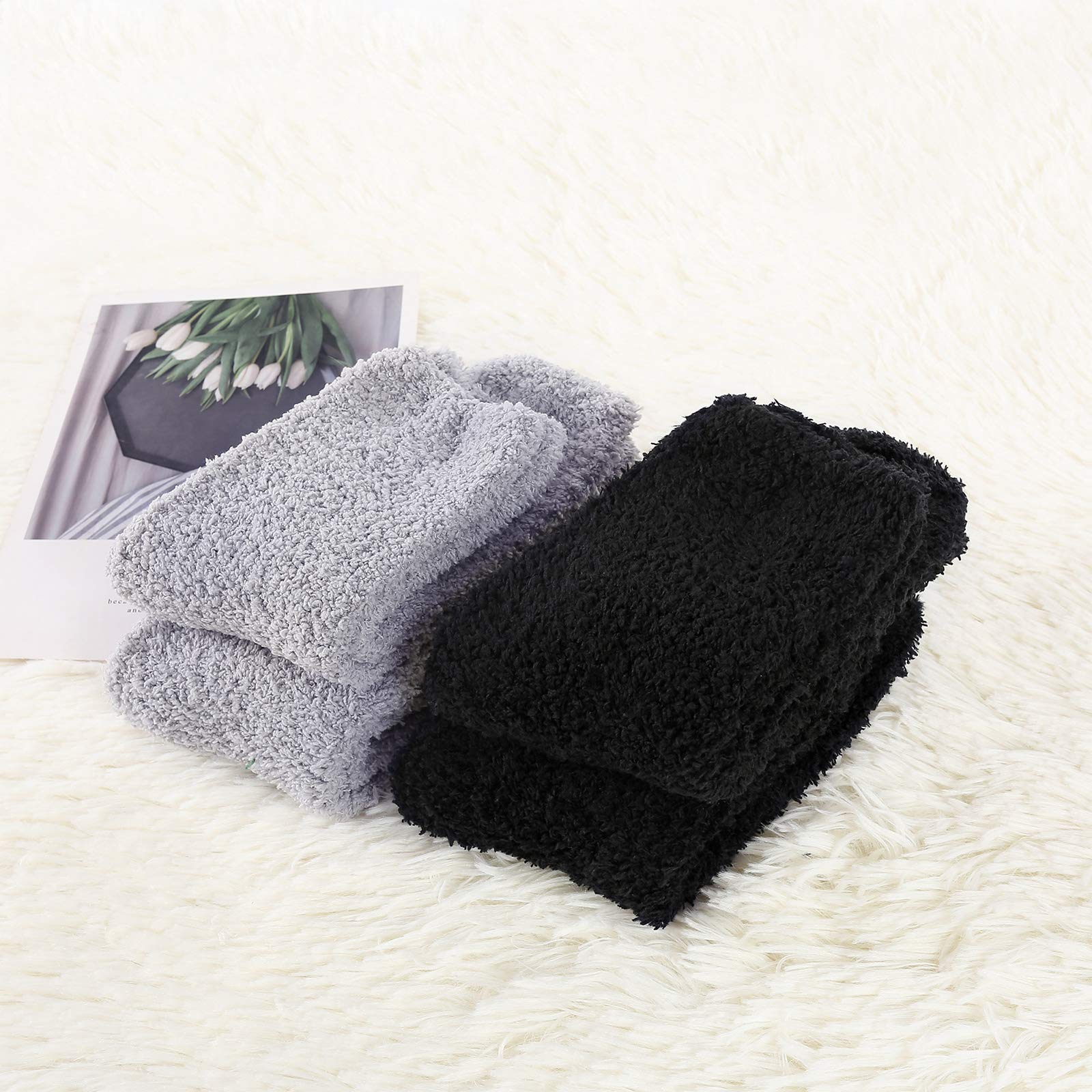 Warm Fluffy Fuzzy Socks for Women & Girls - Cozy Winter Fleece Slipper Socks (4 Pairs, Black & Gray) - Perfect for Christmas Gifts, Holiday Comfort & Home Relaxation