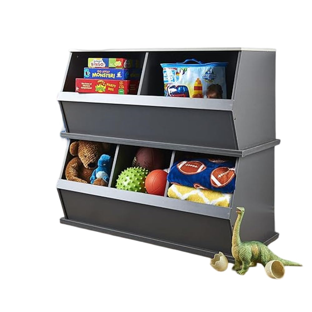 Badger Basket Two Bin Stackable Toy Storage Organizer - Charcoal Gray Woodgrain Design for Kids Room, Nursery, or Playroom Organization