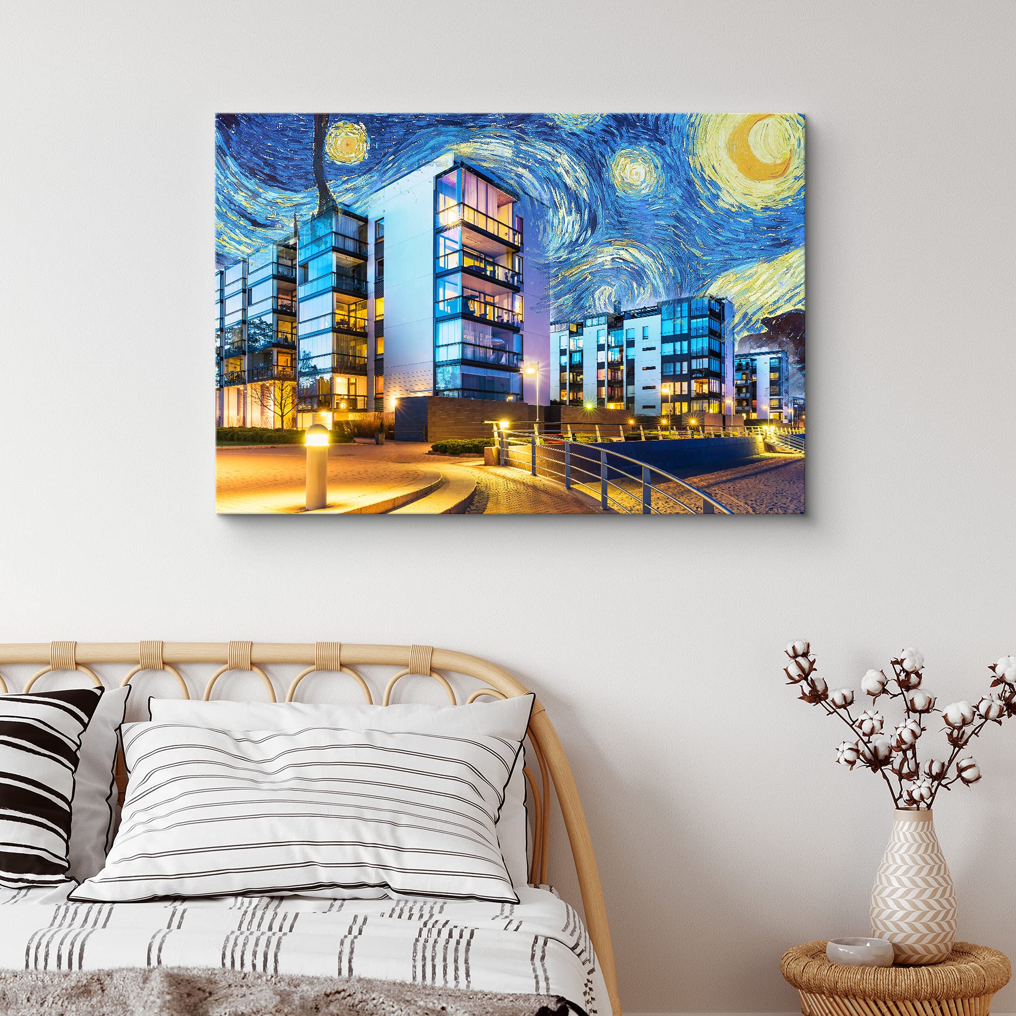 Vincent Van Gogh Starry Night Modern Apartment Buildings Canvas Print - Urban Architecture Wall Art for Living Room, Bedroom & Office Decor - 32