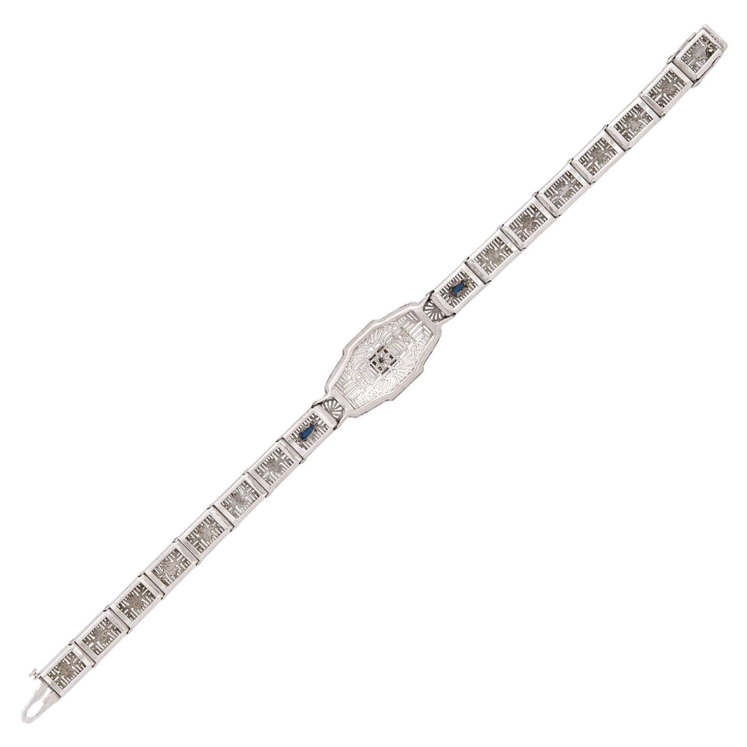 Art Deco 14k White Gold Diamond & Sapphire Filigree Belly Chain Bracelet - Elegant Vintage Jewelry for Women, Perfect for Evening Parties & Special Occasions