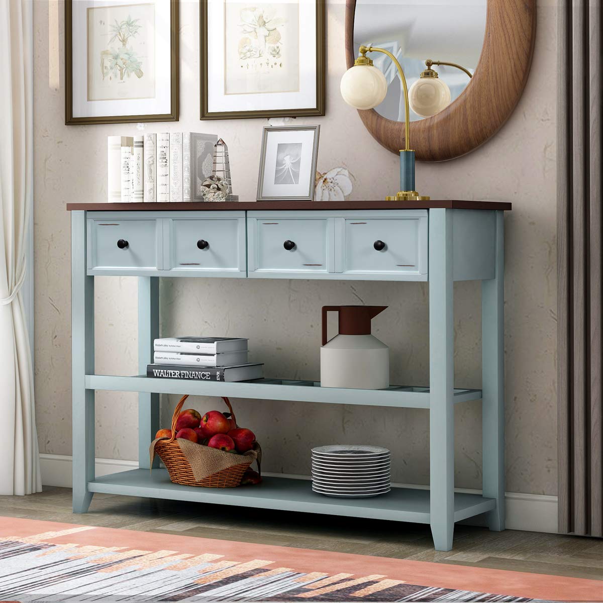 Teeker Solid Wood Console Table - Classic Entryway Table with 2 Shelves & Drawers, Grey & Brown Finish | Perfect for Hallway, Living Room & Foyer Decor