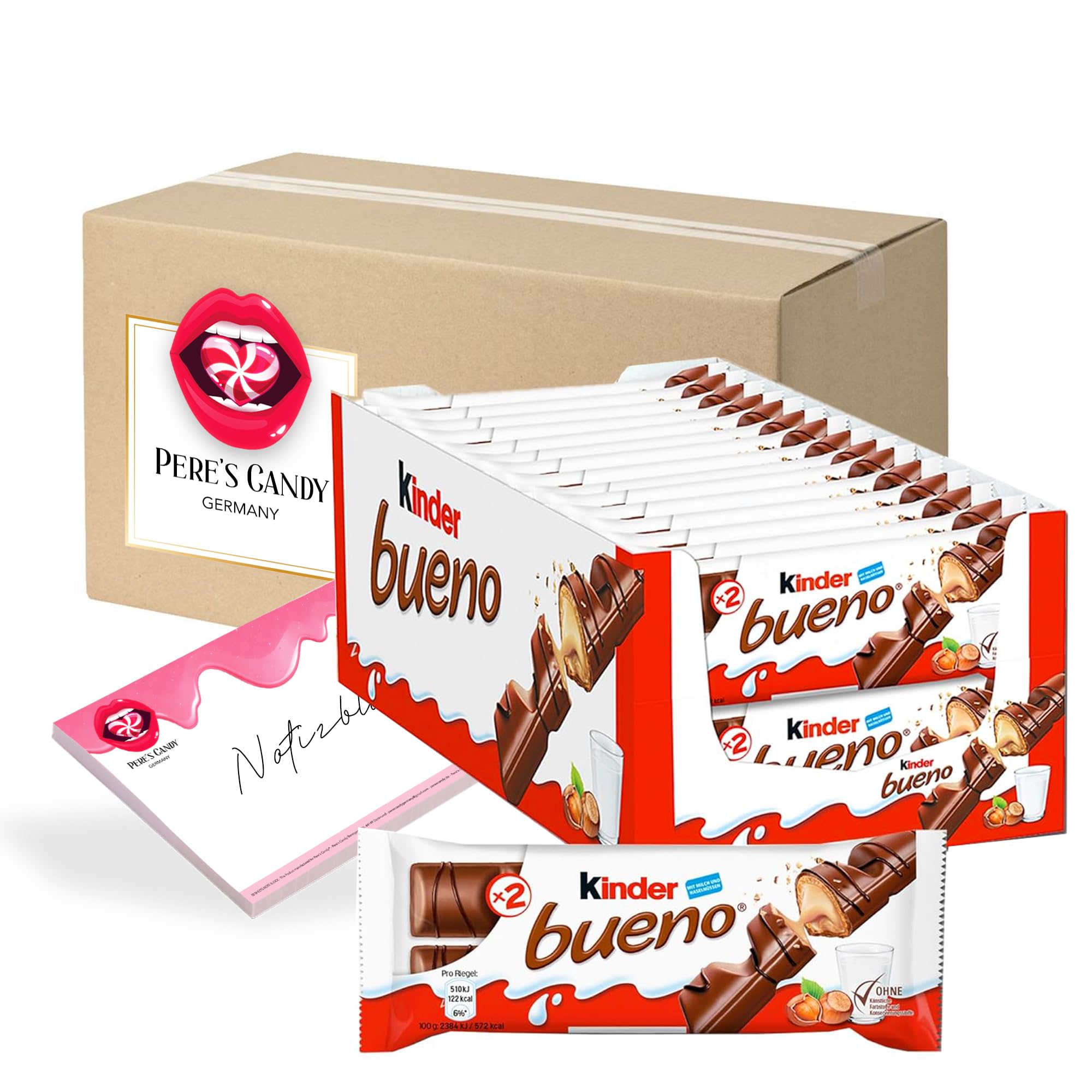 Pere's Candy® Kids Snack Bundle - 30 x 43g Bueno Chocolate Bars + A7-25 Sheet Notepad - Perfect for School Lunches, Birthday Parties & Office Treats