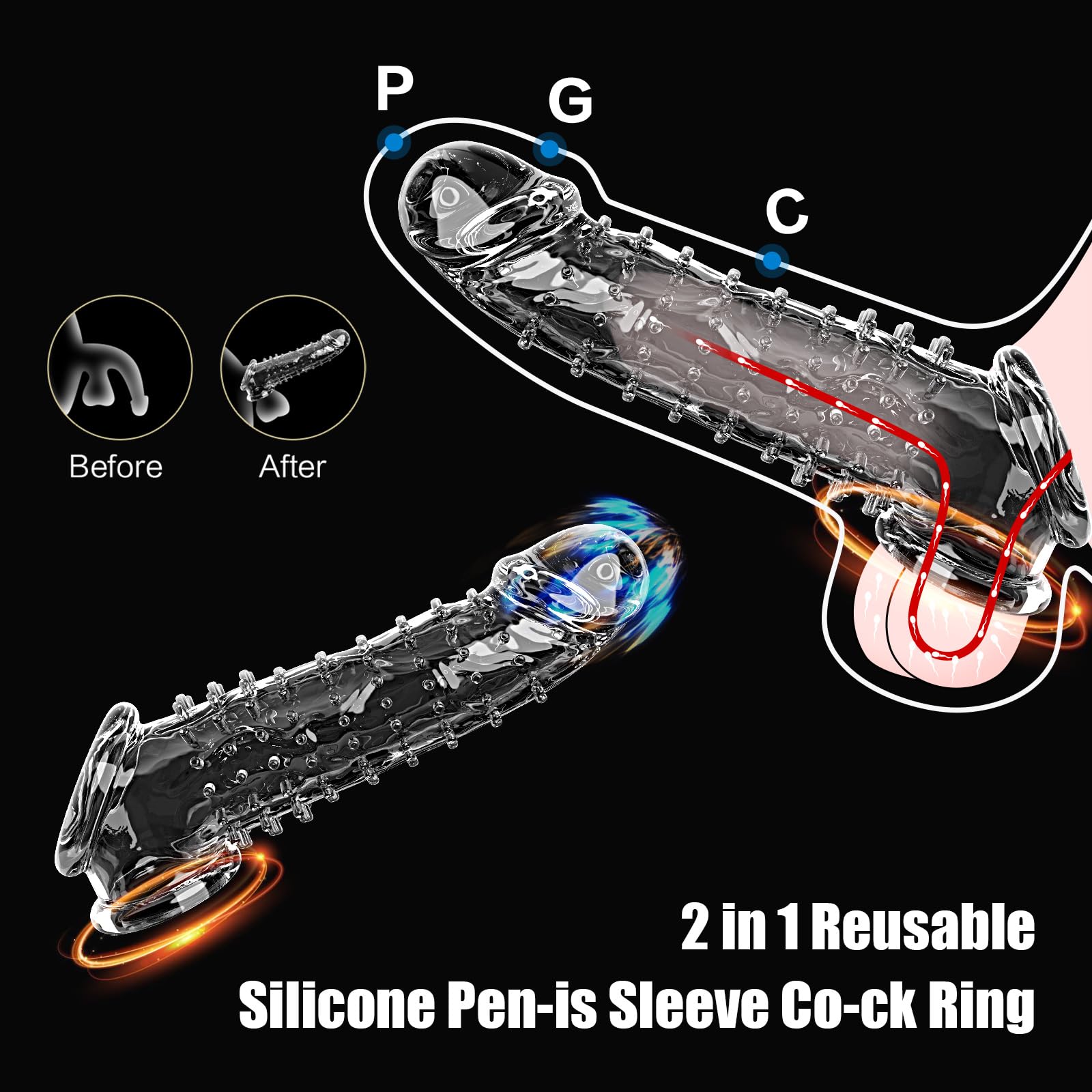 Premium Reusable Penis Sleeve & Cock Ring - Soft Textured Penis Extender with G-Spot & Testicle Stimulation - Waterproof Male Sex Toy for Couples Pleasure - Perfect for Spicing Up Intimate Moments & Enhancing Couples Play