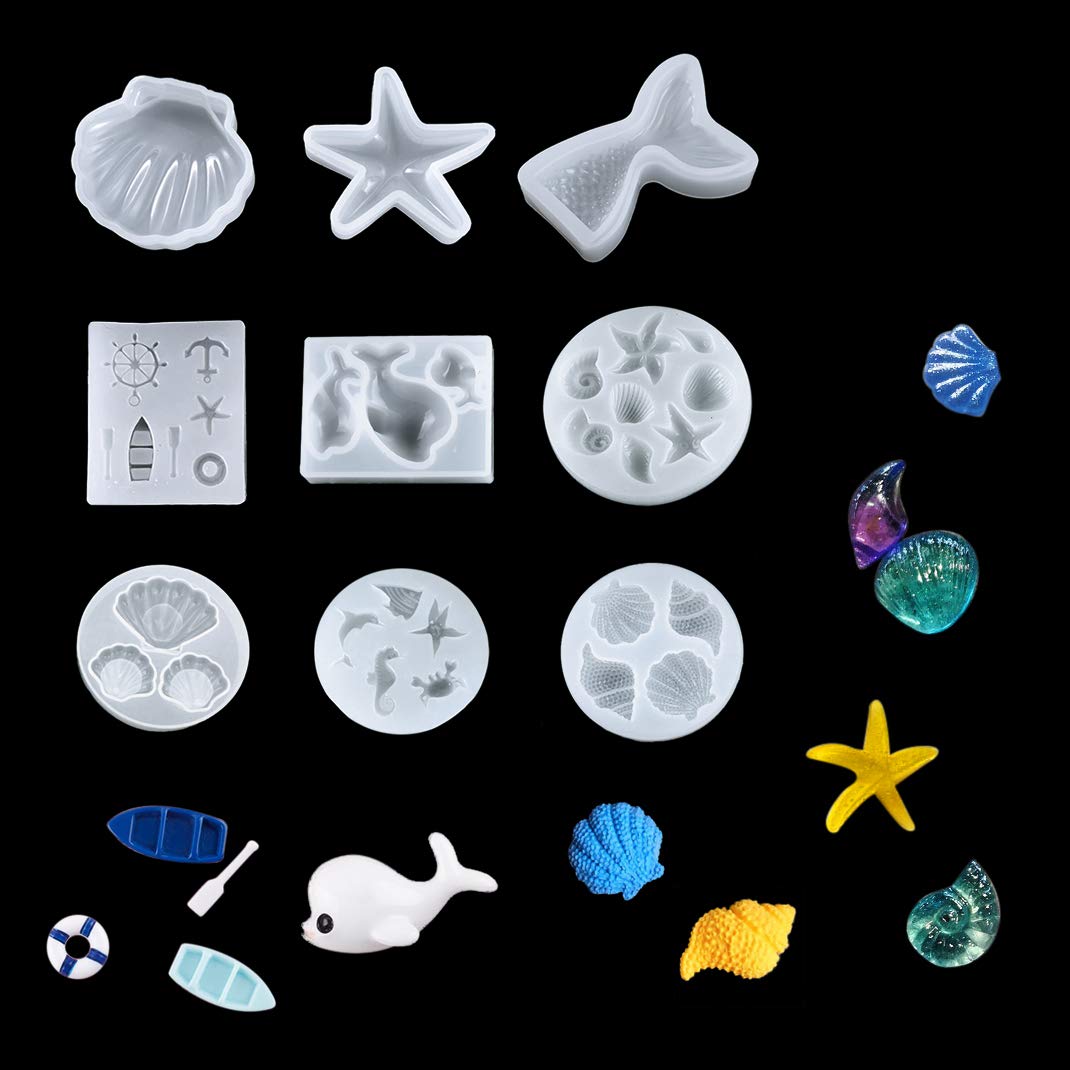 iSuperb 9 Pcs Ocean Theme Silicone Molds for Jewelry Making - Fish, Starfish, Conch, Seashell & Steamship Resin Casting Molds - DIY Epoxy Keychain & Pendant Craft Supplies (Perfect for Beach Themed Jewelry, Home Decor & Gift Making)