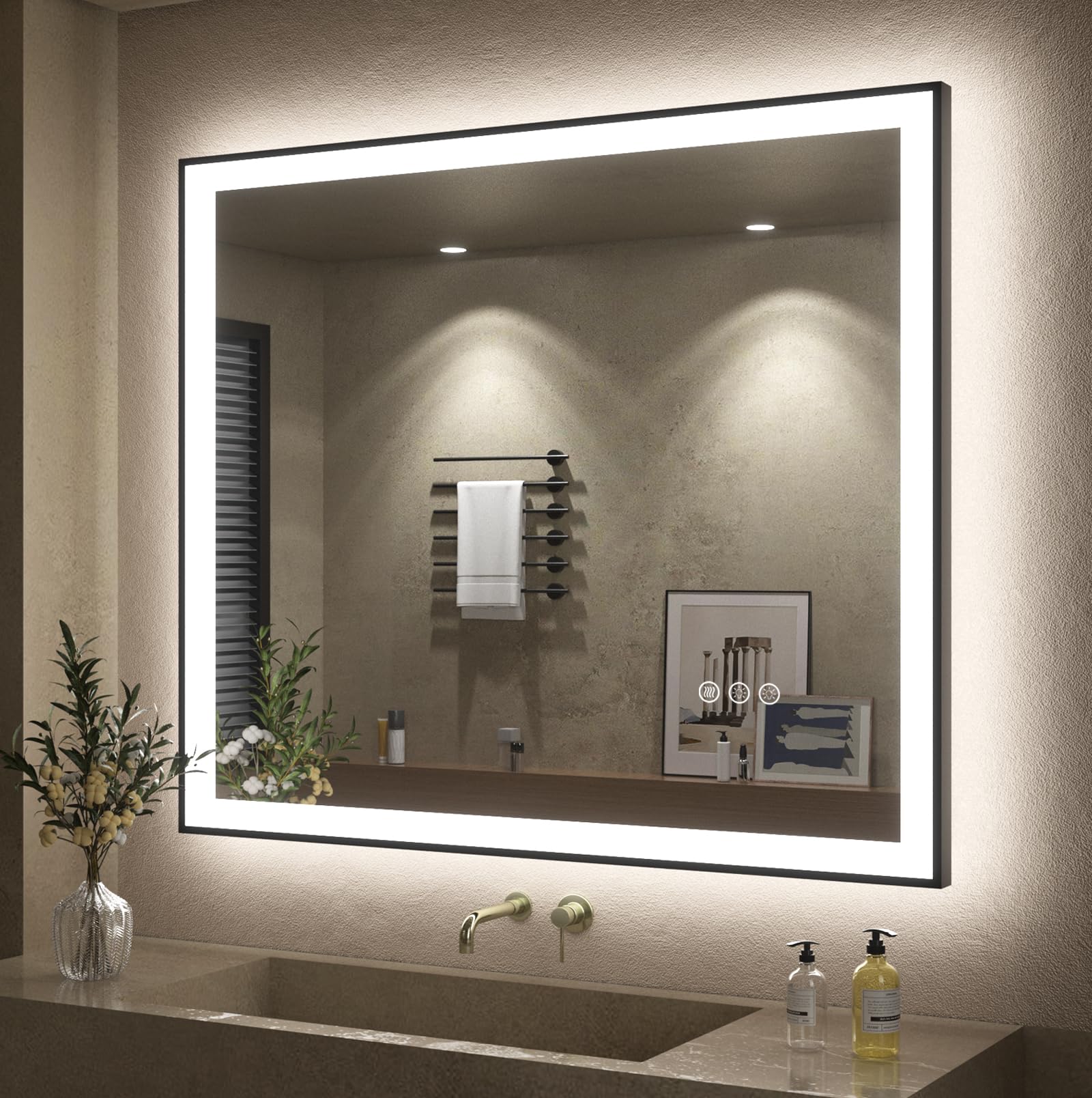 SMIROR 40x38 Inch LED Bathroom Mirror with Dimmable Lights - Matte Black Framed Anti-Fog Vanity Mirror with Memory Function, Shatterproof & ETL Certified (Front/Backlit) - Perfect for Makeup, Shaving & Home Decor