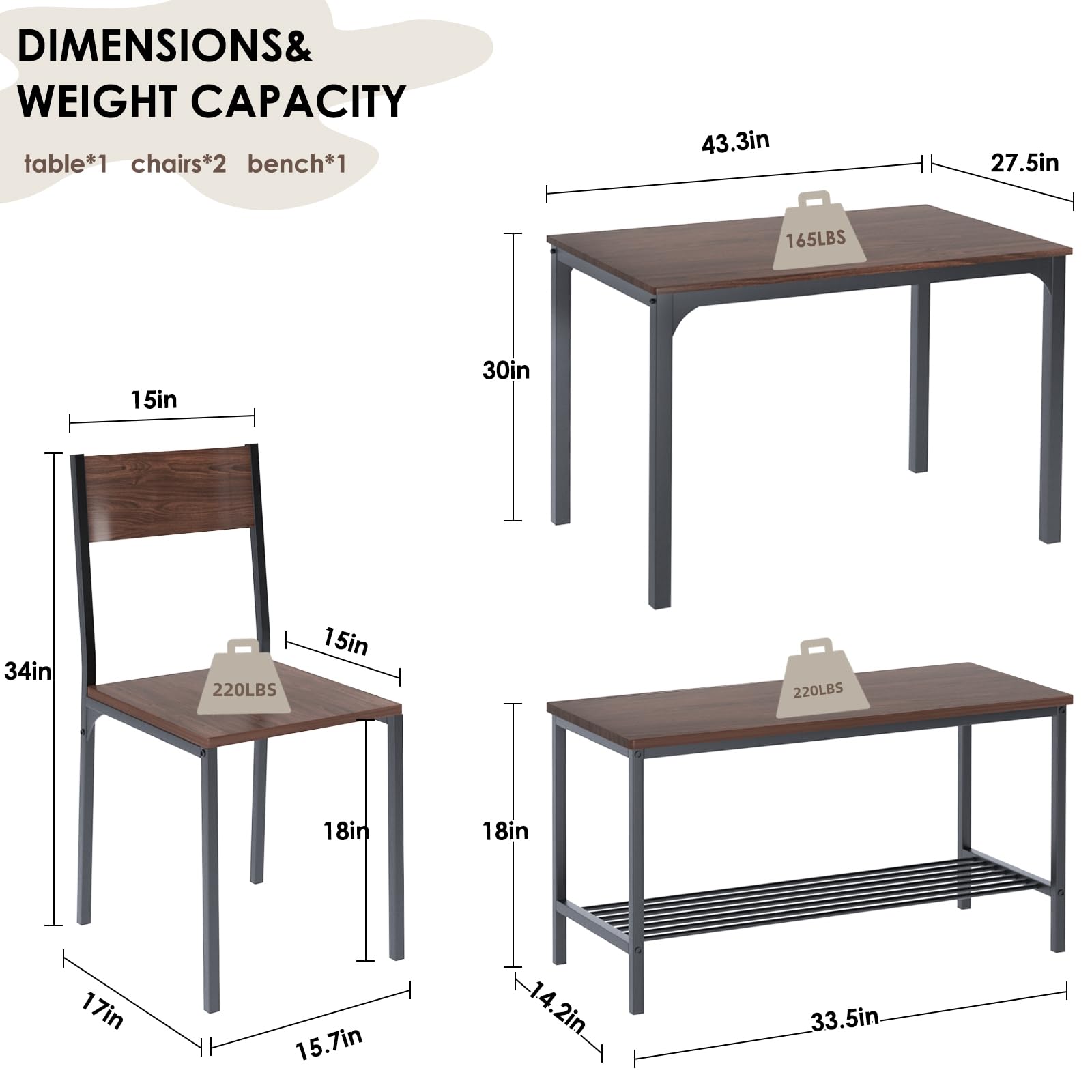 SogesHome 4-Piece Kitchen Dining Table Set with 2 Chairs & Bench - Compact Space-Saving Design for Small Apartments, Living Rooms, Restaurants - Dark Walnut Finish | Perfect for Breakfast Nooks, Studio Apartments & Cozy Dining Areas
