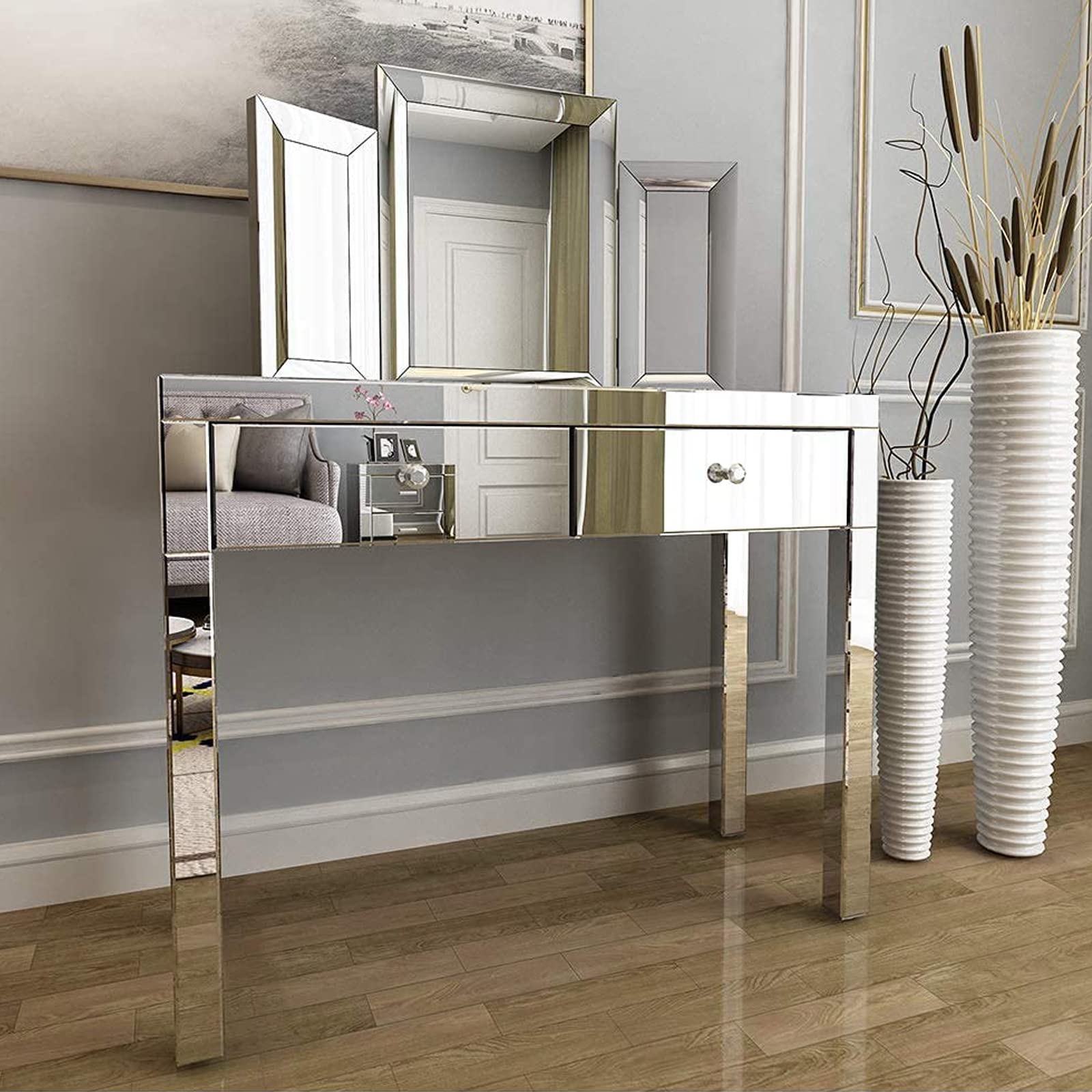 Mirrored Vanity Desk Set with Tri-Folding Mirror & 2 Drawers - Elegant Silver Dressing Table for Women & Girls | Perfect for Bedroom Makeup, Beauty Routine & Home Decor