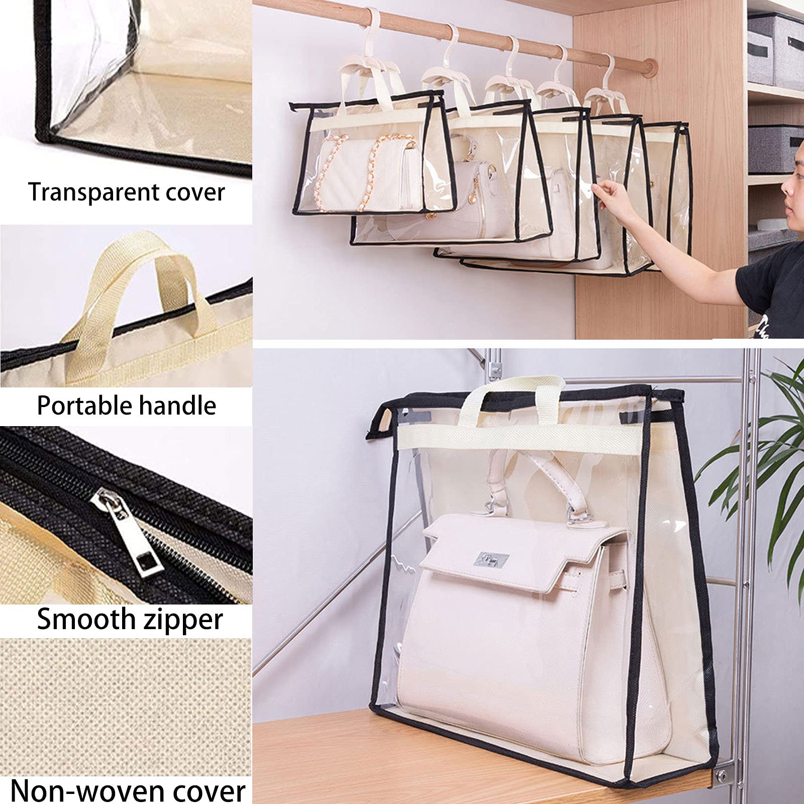 10 Pack Clear Handbag Storage Organizer with Handle & Zipper - Transparent Dustproof Purse Protector Bags for Closet Organization (Beige) | Perfect for Travel, Home Storage & Luxury Handbag Protection
