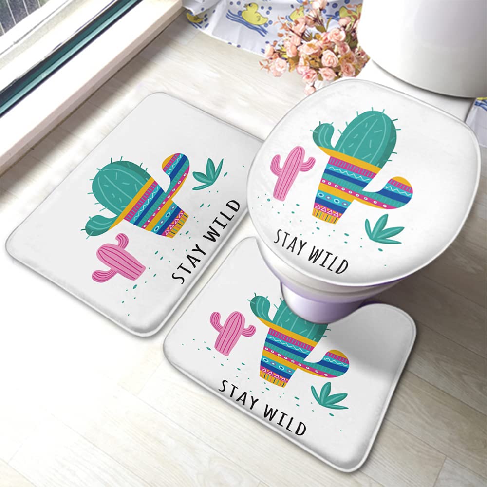 WONDERTIFY Non-Slip Bathroom Rug Set - 3-Piece Cactus Design Bath Mat, Contour Mat & Toilet Lid Cover | Colorful Anti-Skid Shower Mats for Bathroom Safety & Decor - Perfect for Kids, Elderly & Pet-Friendly Homes