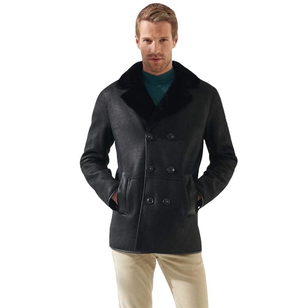 Denny&Dora Men's Casual Shearling Coat - Natural Fur Jacket, Warm Wool Coat, Navy Blue Leather Jacket for Winter | Stylish Outerwear for Cold Weather & Outdoor Activities