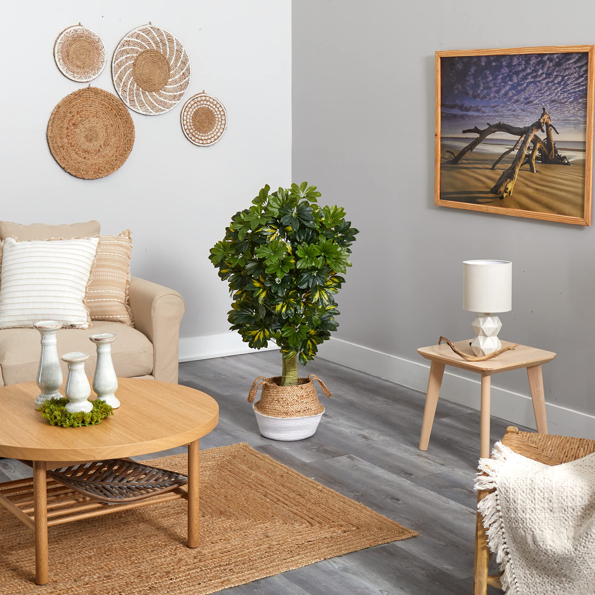 Nearly Natural 4ft Real Touch Artificial Schefflera Tree in Boho Chic Handmade Cotton & Jute Woven Planter - Perfect for Home Office Decor, Living Room, Bedroom & Indoor Plants