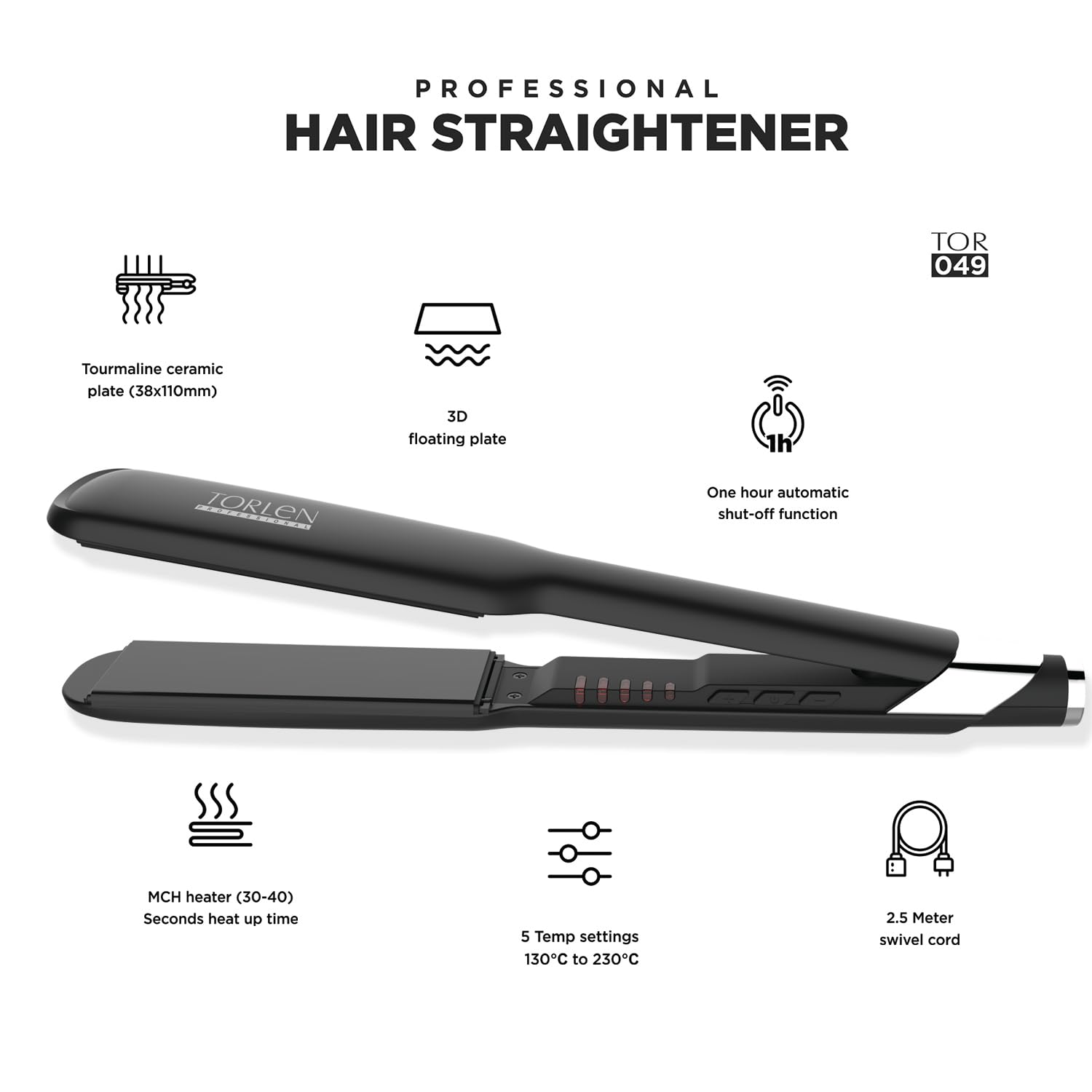 TORLEN Professional TOR 049 Tourmaline Ceramic Hair Straightener - 3D Floating Wide Plates for Long, Thick & Ethnic Hair | Fast Heating & Adjustable Temp 130-230°C | Keratin & Rebonding Treatment | Perfect for Salon, Home Use & Travel Styling