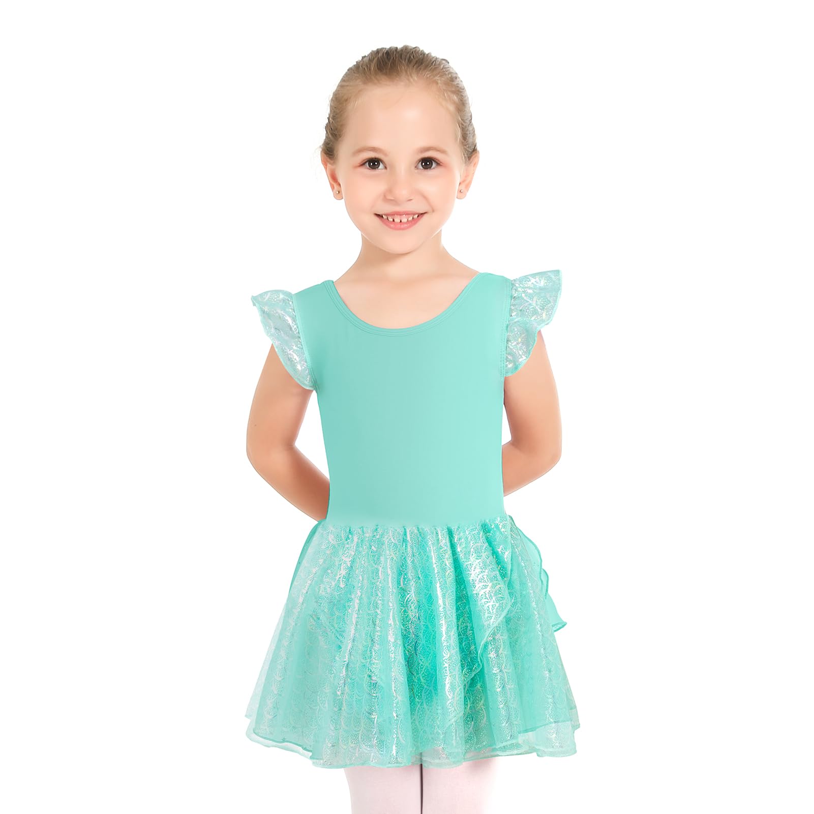 Phineein Girls' Flutter Sleeve Criss-Cross Back Dance Leotard - Ballet Gymnastics Leotard with Dress Cutout Back for Kids Dance Class & Performance
