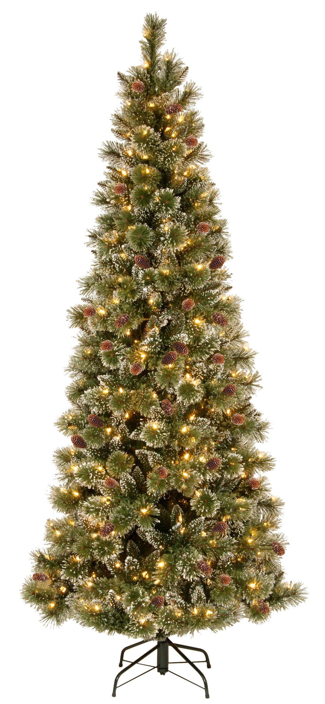 7.5ft Pre-Lit Slim Artificial Christmas Tree with 600 Dual LED Lights - Hinged Memory-Shape Pine with Cones, PowerConnect & 9-Function Foot Pedal (GB3-304PD-75M) - Perfect for Living Room, Office & Holiday Decorations
