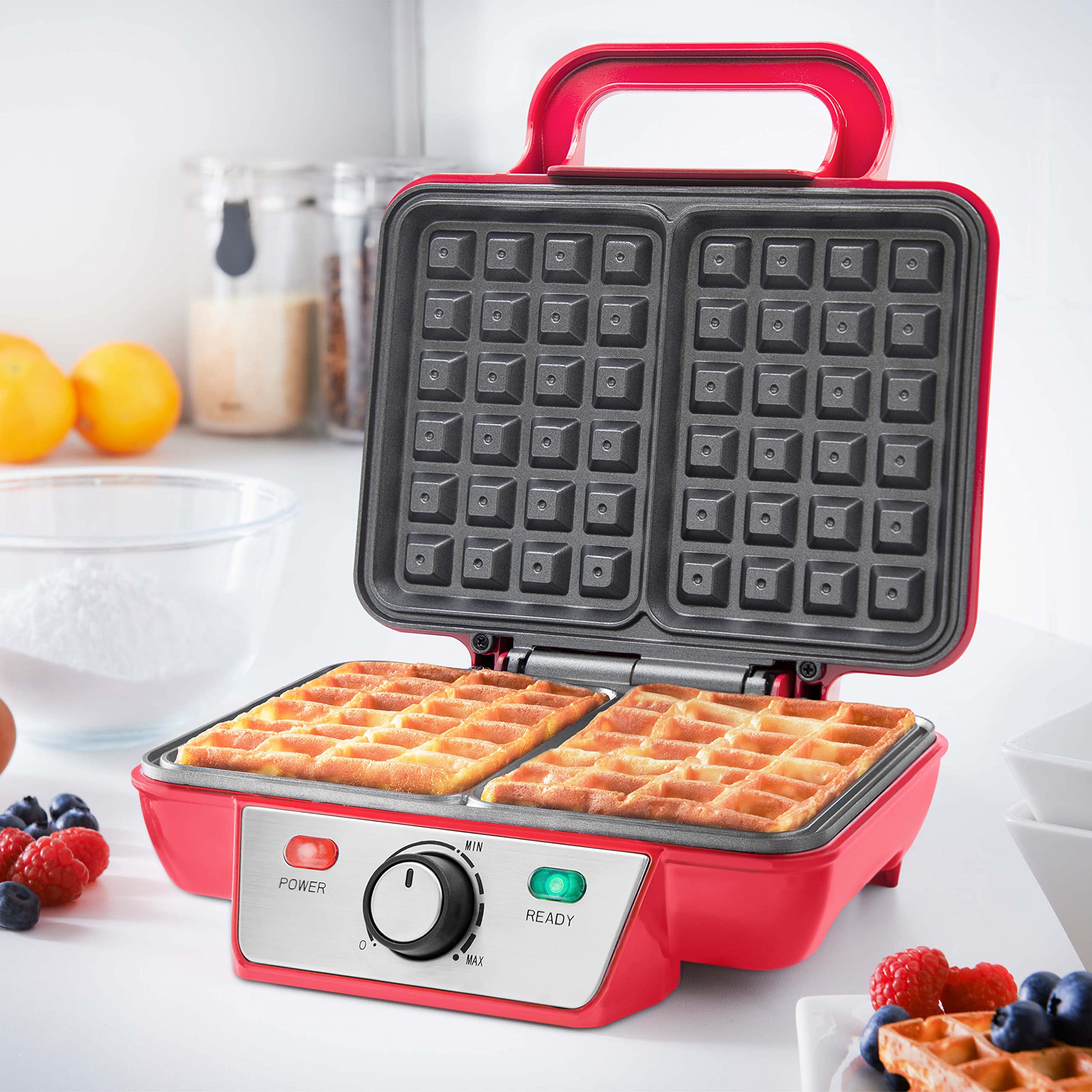 Global Gizmos 37579 Two Slice Waffle Maker - Non-Stick Waffle Machine with Adjustable Temperature, Easy Clean Stainless Steel, Non-Slip Base & Cool Touch Handle (Red) - Perfect for Breakfast, Brunch, and Family Gatherings